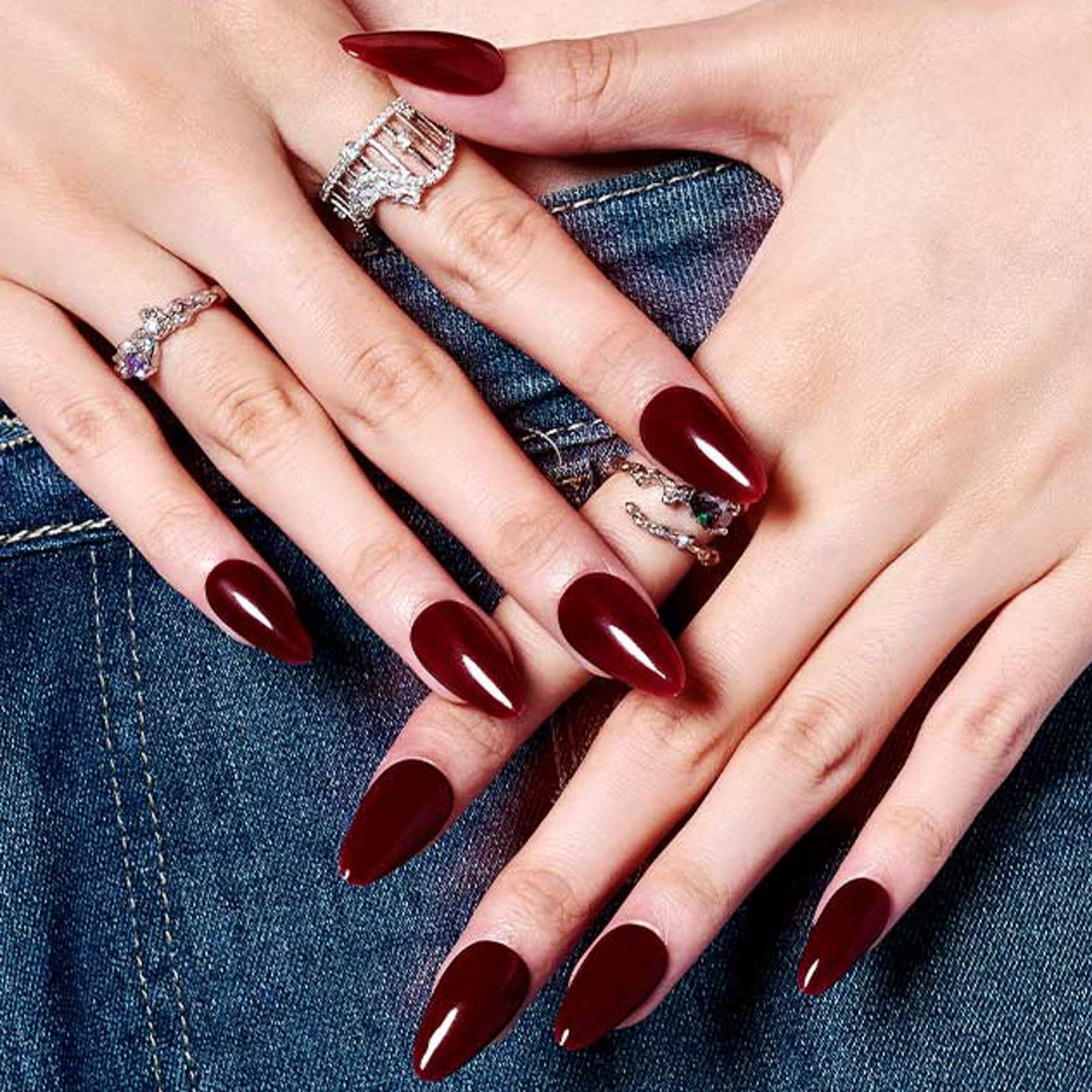 GLAMERMAID Cherry Red Press on Nails - Medium Almond Shape, Handmade Jelly Soft Gel Fake Nails - Dark Red Glue on Nails Stiletto & Burgundy Emo Style - Reusable Acrylic Stick on False Nails Kit for Women - Perfect for Parties, Weddings, Date Nights & Everyday Glam