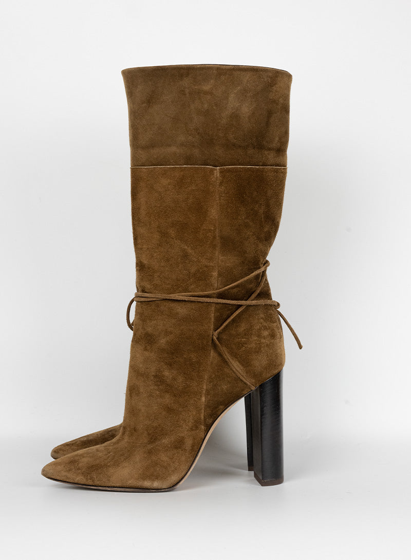 Saint Laurent Suede Cognac Boots with Heel - Size 37 | Luxury Women's Ankle Boots for Fall & Winter Fashion