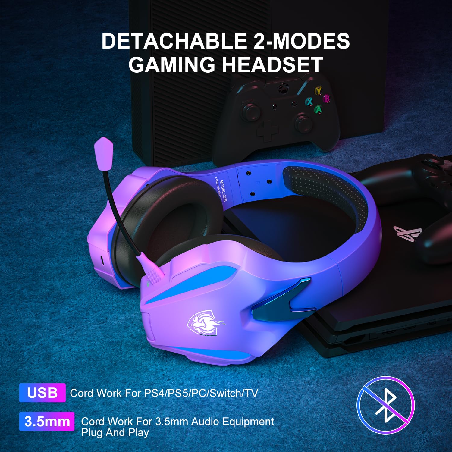 PHOINIKAS Wireless Gaming Headset for PS4/PS5/PC/Switch - 2.4GHz Wireless with USB Dongle, 7.1 Stereo Sound, Detachable Noise-Canceling Mic & LED Lights - Perfect for Gaming, Streaming & Online Meetings