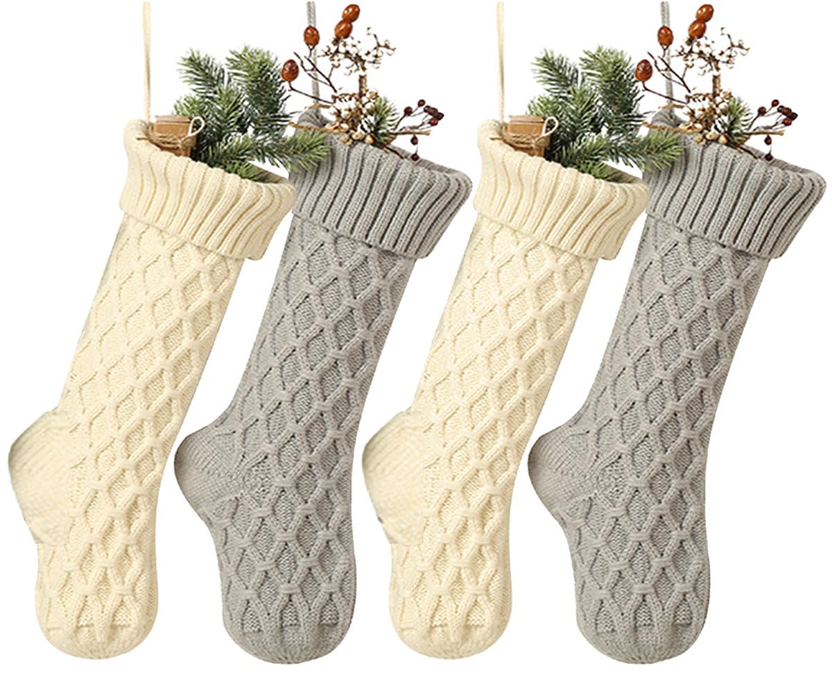 Premium Cable Knit Argyle Christmas Stockings - 18 Inch Large Size, Personalized Ivory White & Gray Holiday Decor (4 Pack) | Perfect for Family Gift Exchange, Fireplace Mantel Decorations & Festive Home Styling