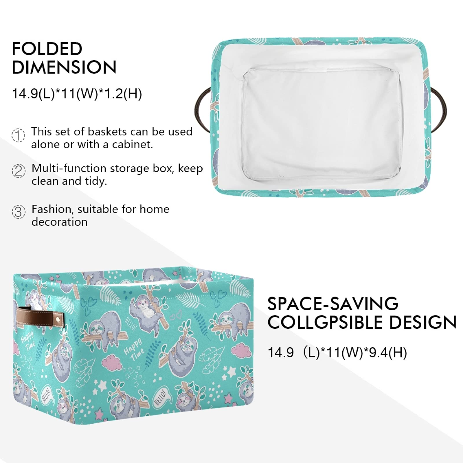 Large Sloth Storage Baskets 2-Pack - Collapsible Canvas Cube Organizer Bin for Home, Office & Closet (15