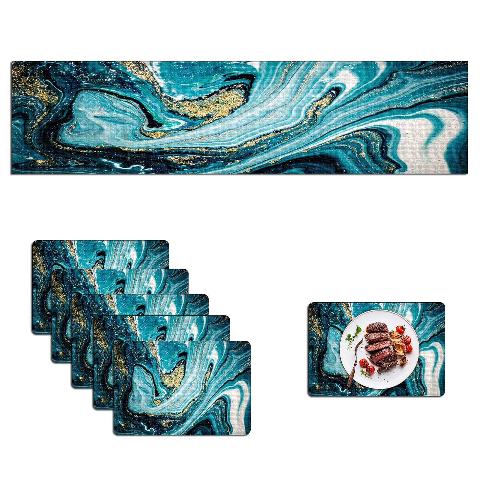 Mcalk Marble Table Runner & 6-Piece Placemats Set - Blue & Gold Modern Art Design | Natural Luxury Linen Placemats for Kitchen & Dining Table | Washable & Durable | Perfect for Dinner Parties, Holiday Decor & Home Styling