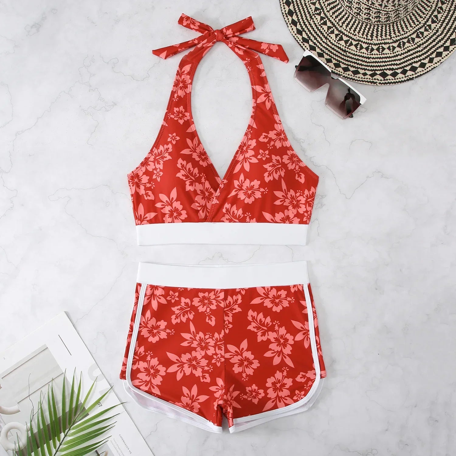 Women's Sexy High Waist V-Neck 2 Piece Tankini Bikini Set with Flower Print & Suspender Halter - Perfect for Summer Beach Vacations, Pool Parties, and Tropical Getaways