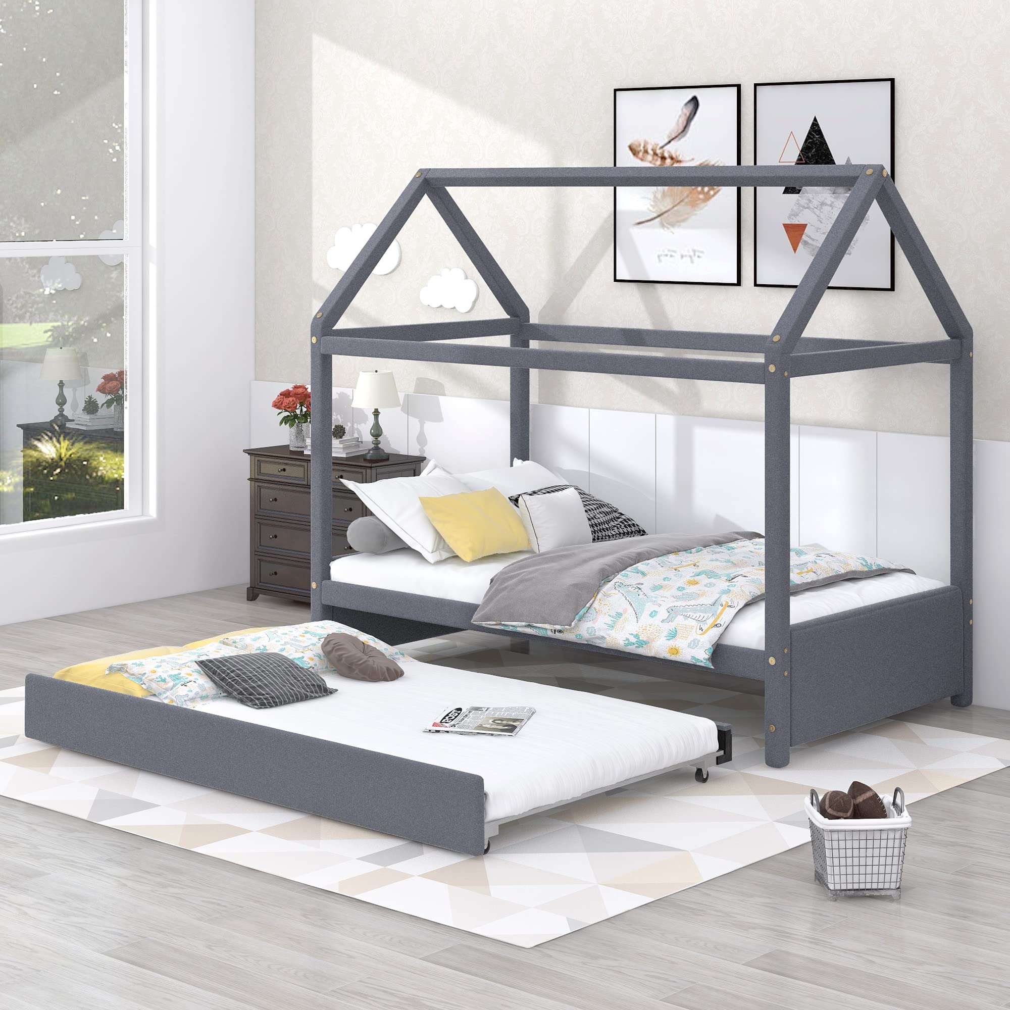 MERITLINE Twin Size Wooden House Bed with Trundle - Grey Upholstered Playhouse Bed Frame for Kids, Toddlers, Boys & Girls - Perfect for Bedrooms, Playrooms and Montessori Learning Spaces