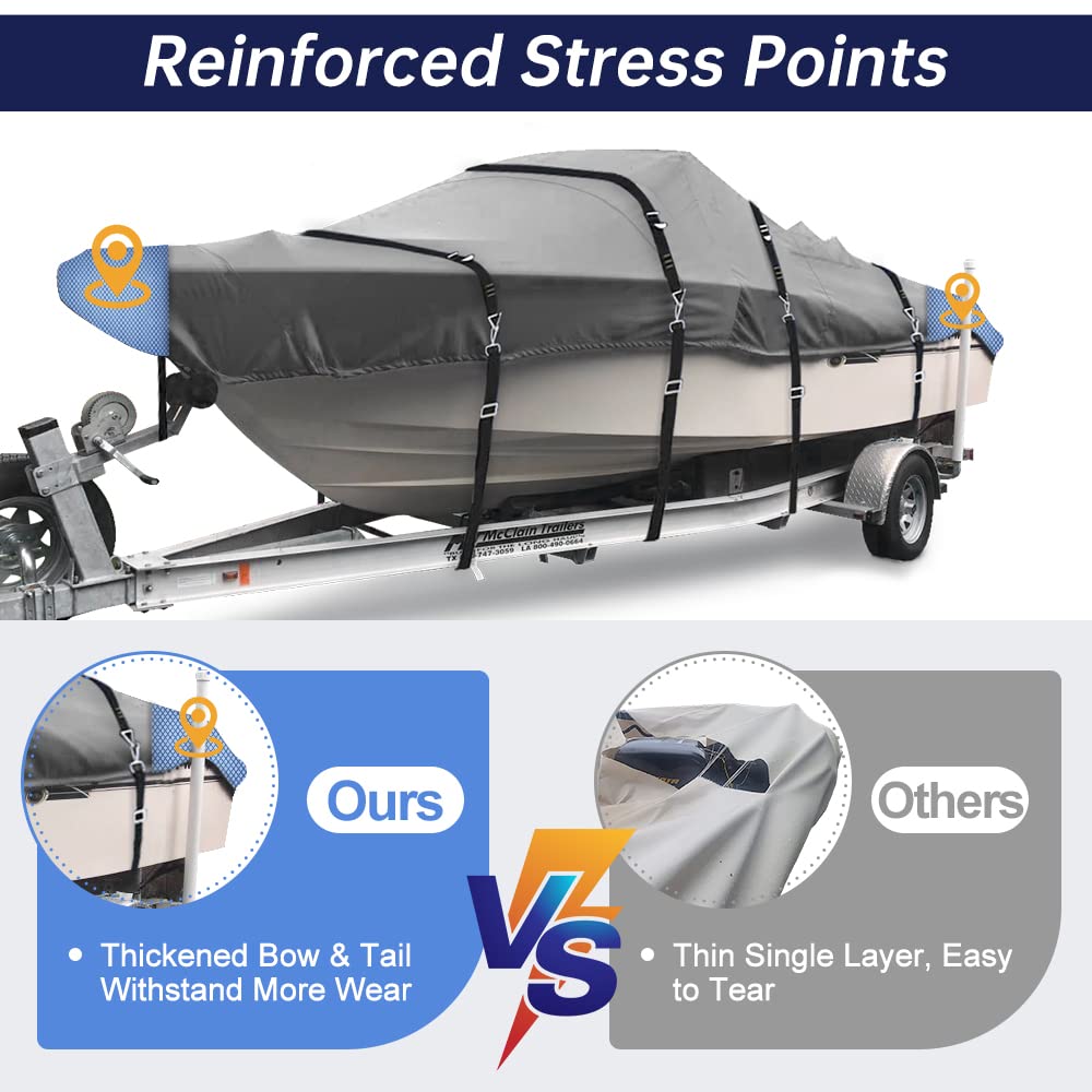 **900D Heavy Duty Waterproof Boat Cover - Trailerable V-Hull Cover with Metal Buckles, Fits 20'-22' Runabout, Tri-Hull & V-Hull Boats (Beam up to 100