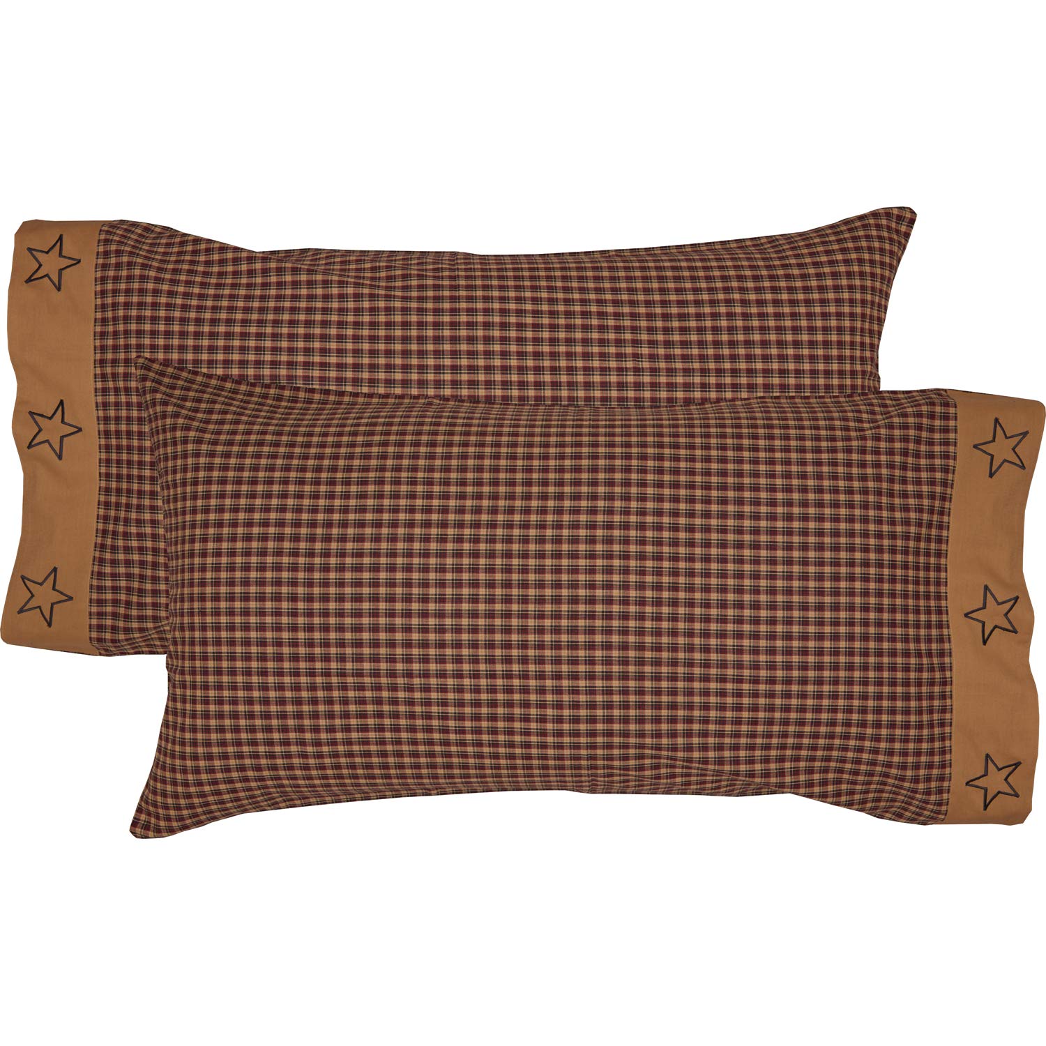 VHC Brands Patriotic Star Cotton Embroidered King Pillowcase Set of 2 - Deep Red Primitive Bedding for Farmhouse & Rustic Home Decor