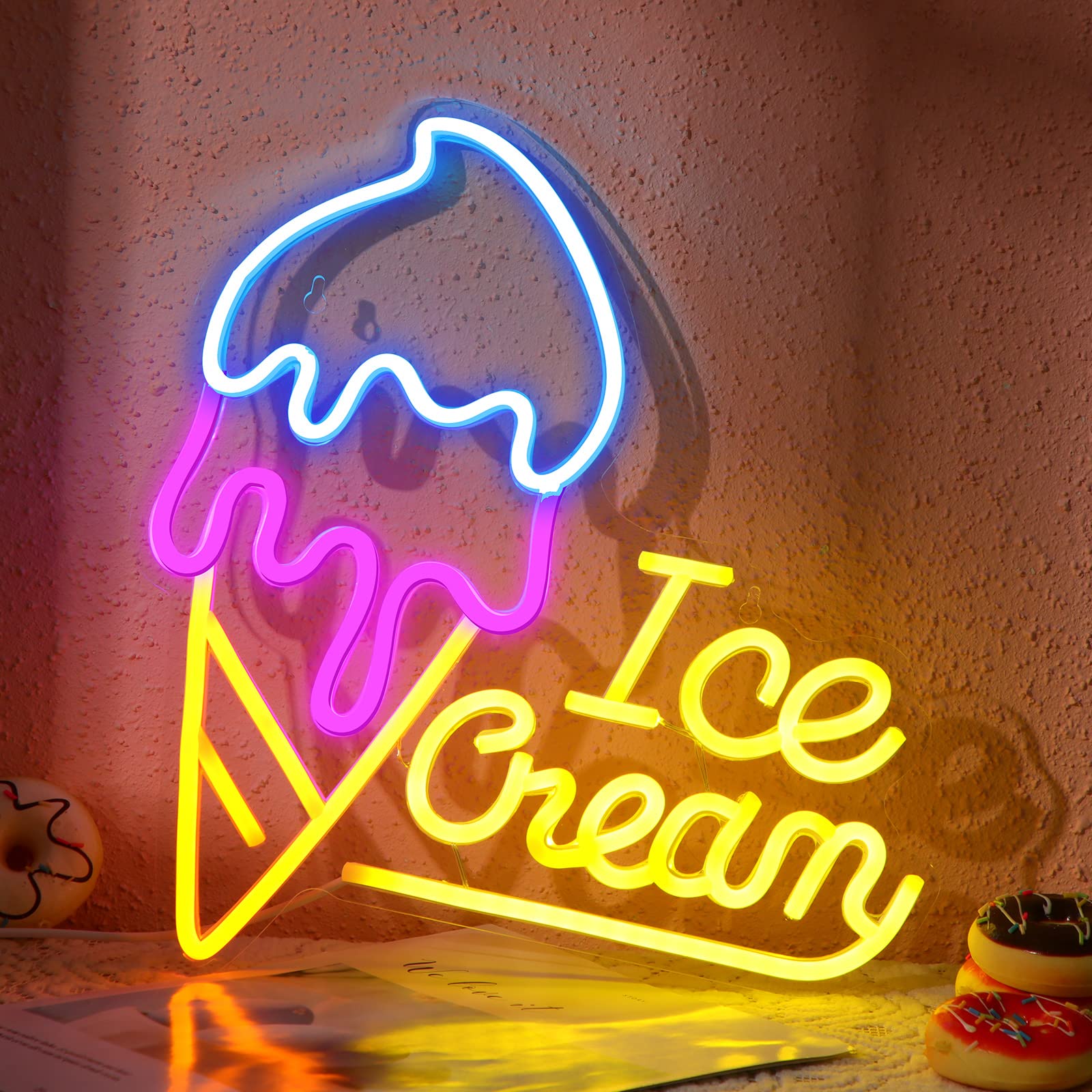 Vintage Ice Cream Neon Sign - LED Ice Cream Cone Shaped Light in Yellow, Blue & Pink - USB Powered for Bedroom, Cafe, Bar, Ice Cream Shop Decor - Perfect for Retro Business & Home Decor