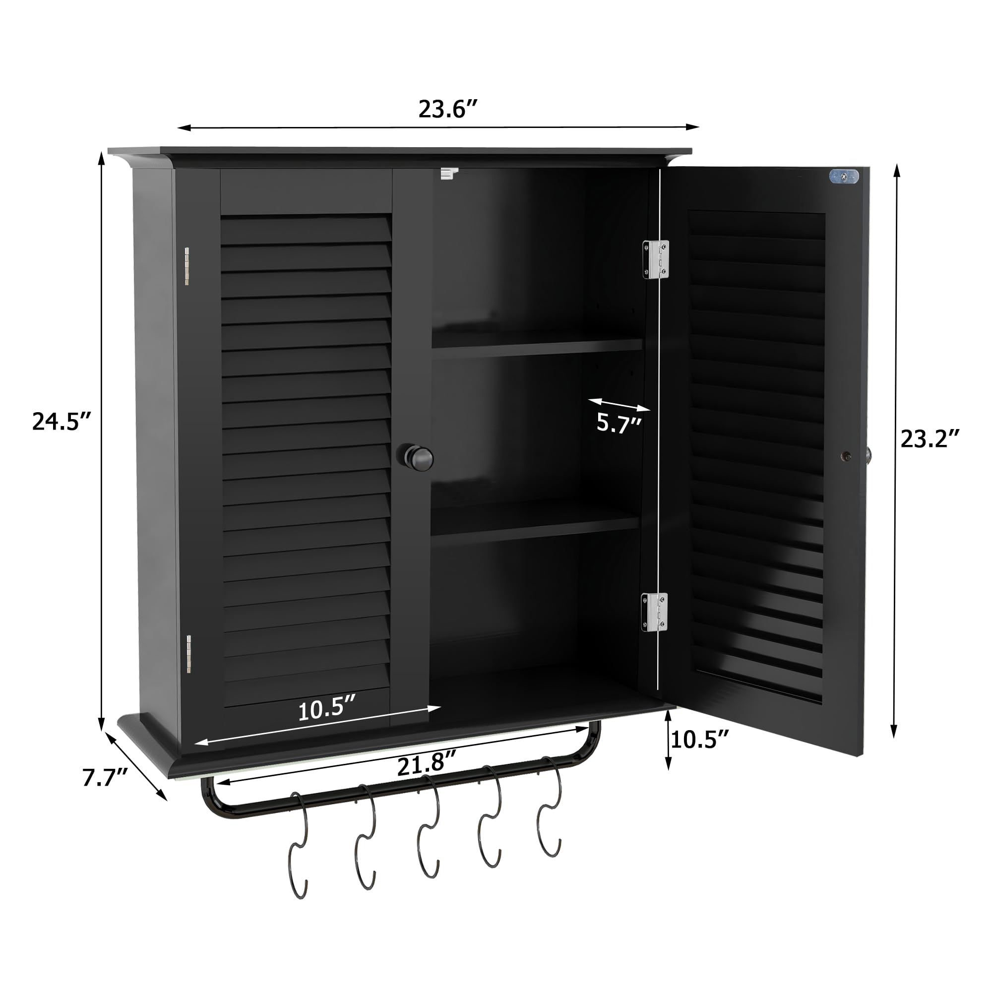Modern Wall Mounted Bathroom Cabinet with Double Shutter Doors - 3-Tier Adjustable Shelf & Towel Rack - Over The Toilet Storage for Bathroom, Laundry & Medicine Organization (Black) - Perfect for Small Spaces & Apartment Living