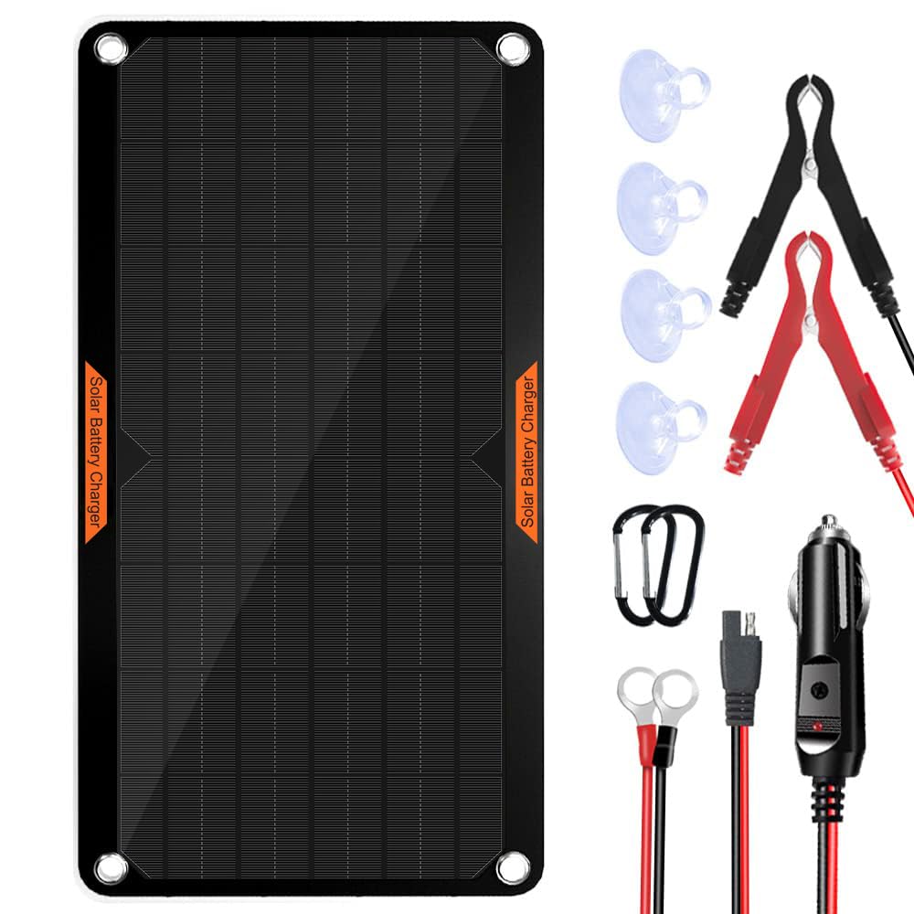 OYMSAE 10W 12V Solar Panel Car Battery Charger - Portable Waterproof Solar Power Trickle Charger & Maintainer for Car, Boat, RV, Automotive - with Cigarette Lighter Plug & Alligator Clips - Perfect for Outdoor Camping, Road Trips & Emergency Power Backup