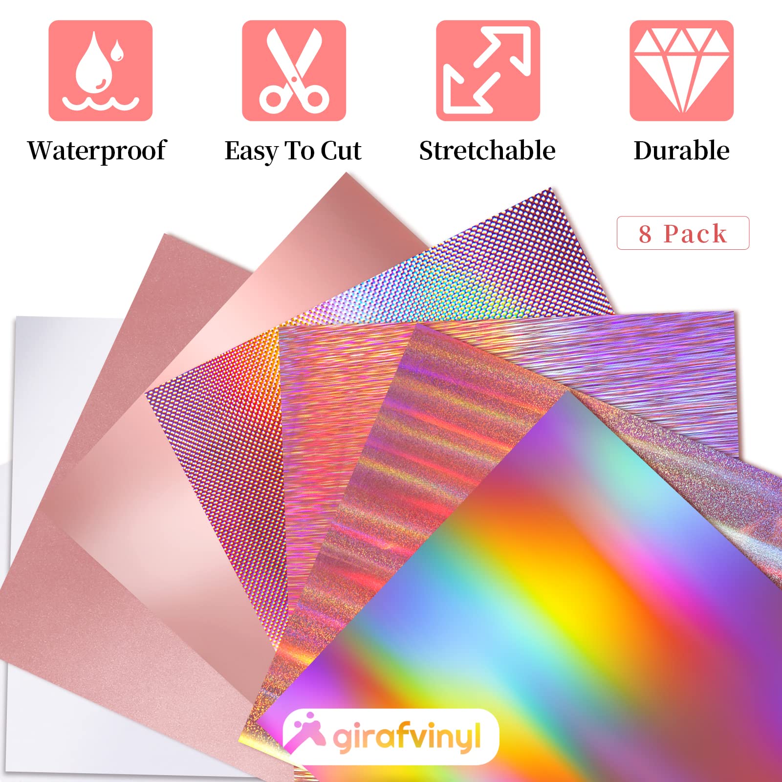 GIRAFVINYL Rose Gold Holographic Permanent Vinyl - 6 Sheets (12