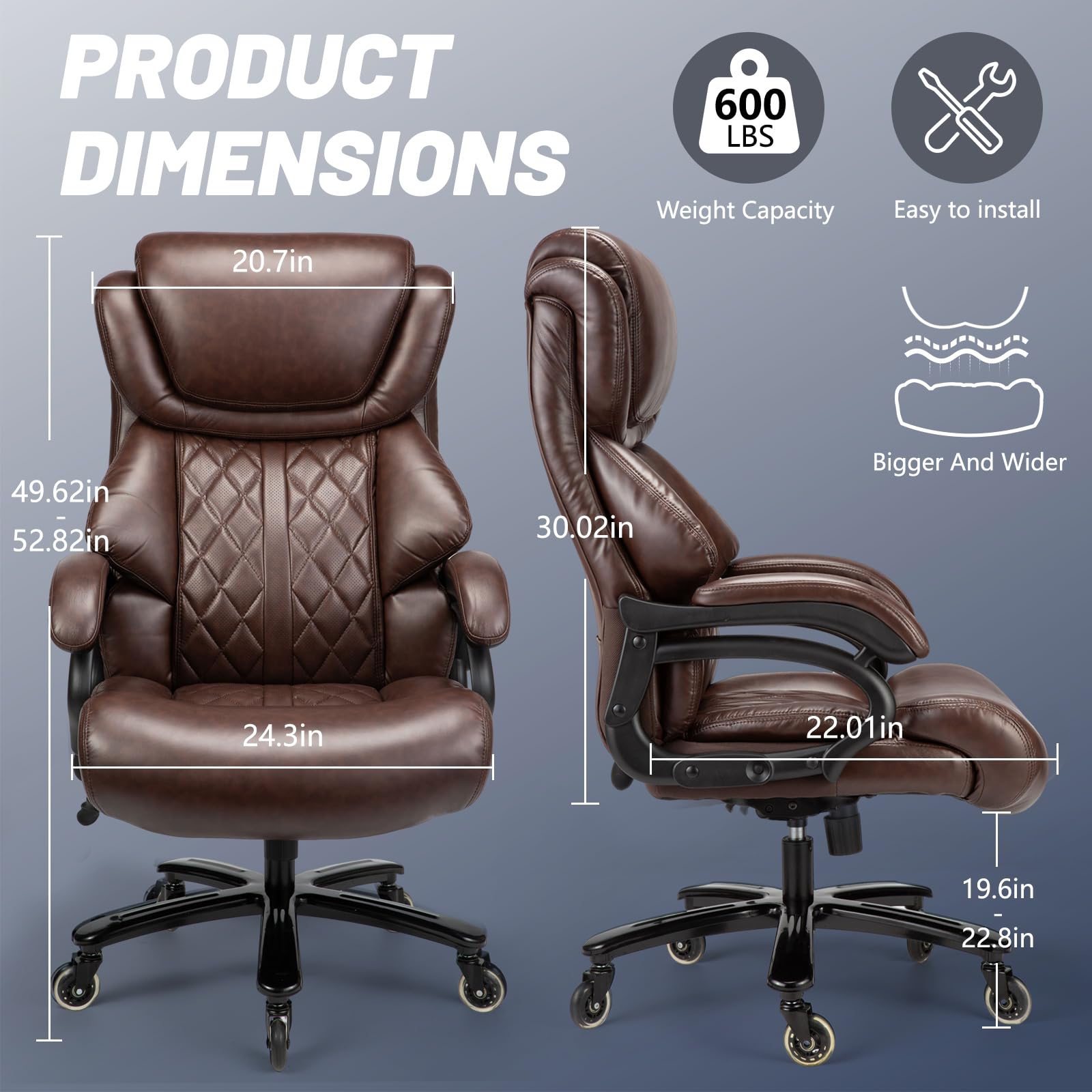 Big and Tall Office Chair 600lbs Capacity - Heavy Duty Executive Computer Chair with Adjustable Lumbar Support & Silent Wheels - Large Ergonomic Desk Chair for Home Office - Perfect for Big & Tall Professionals (Brown) - Ideal for Long Work Hours & Heavy Duty Use