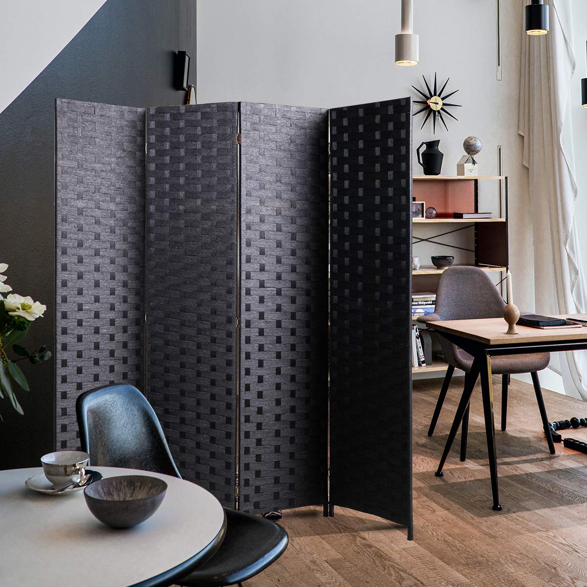 JAXSUNNY 4-Panel Folding Paper Rope Room Divider Screen - Freestanding Privacy Partition for Bedroom, Office, Living Room & Outdoor Use - Black Decorative Screen