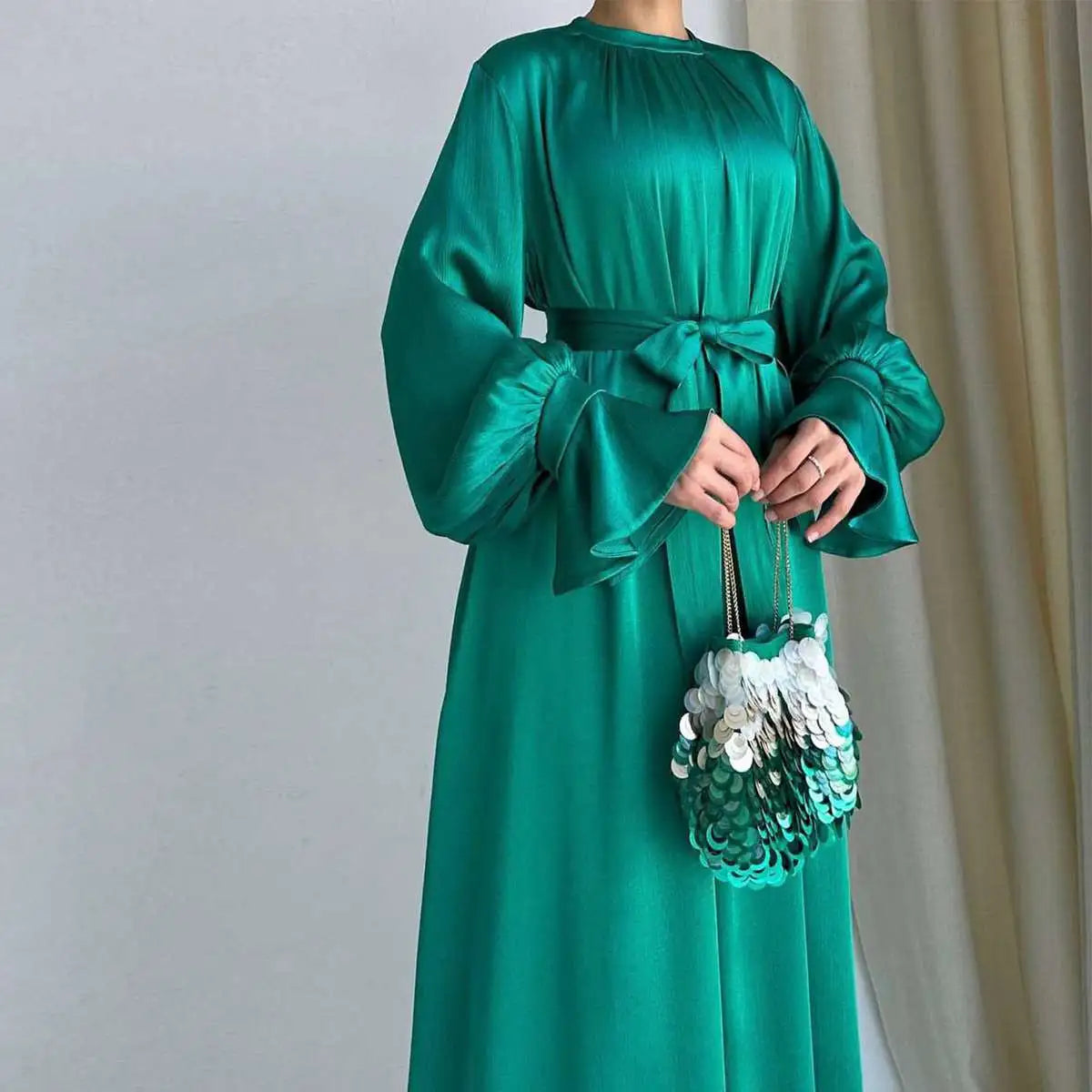 Elegant Ruffle Sleeve Satin Abaya Dress for Women - Modest Islamic Prayer Dress - Perfect for Eid, Wedding & Special Occasions