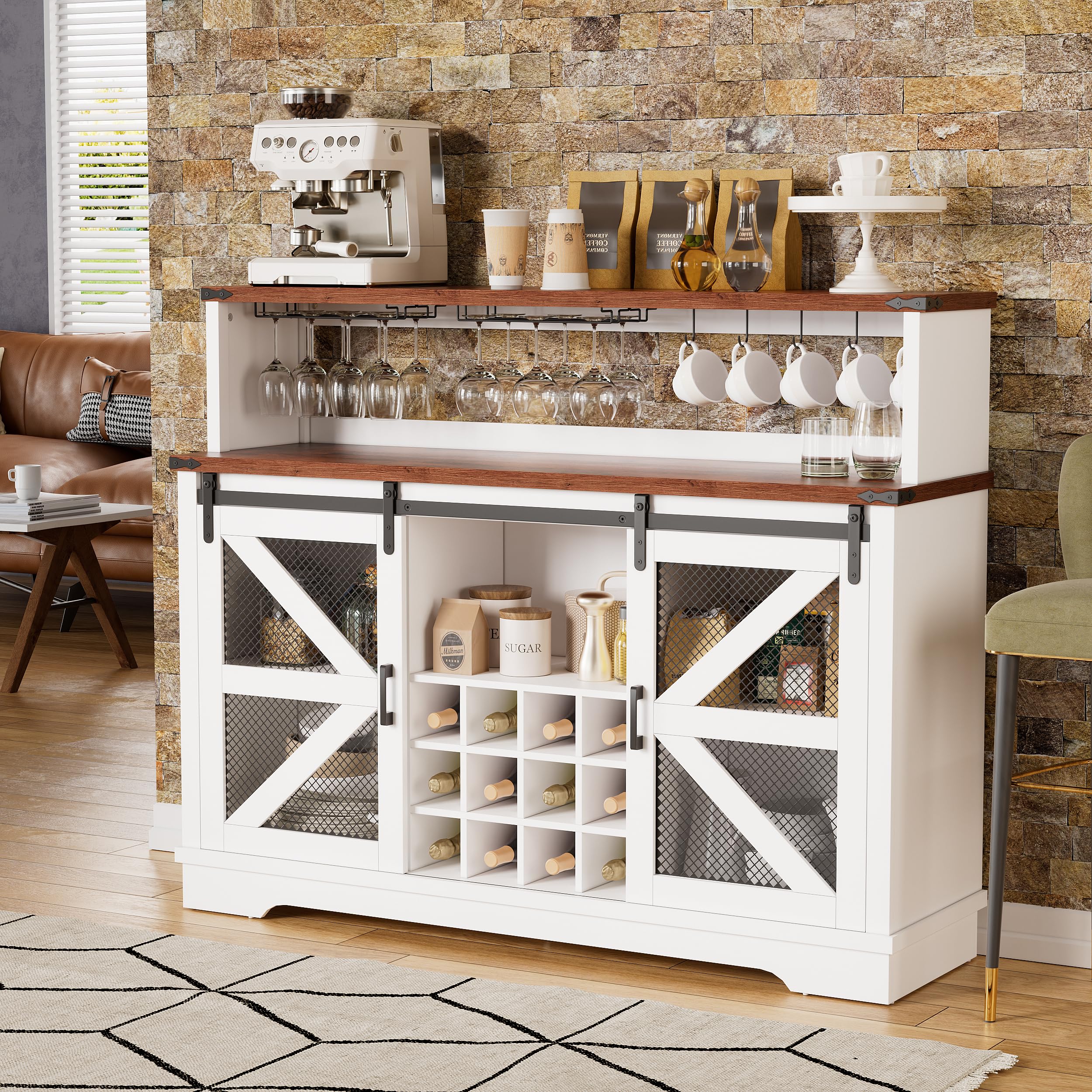Farmhouse Wine Bar Cabinet with LED Lights - White Liquor & Coffee Bar Cabinet with Sliding Barn Door, Glass Rack & Storage Shelves - Sideboard Buffet Cabinet for Living Room, Dining Room & Home Decor - Perfect for Entertaining Guests & Displaying Glassware