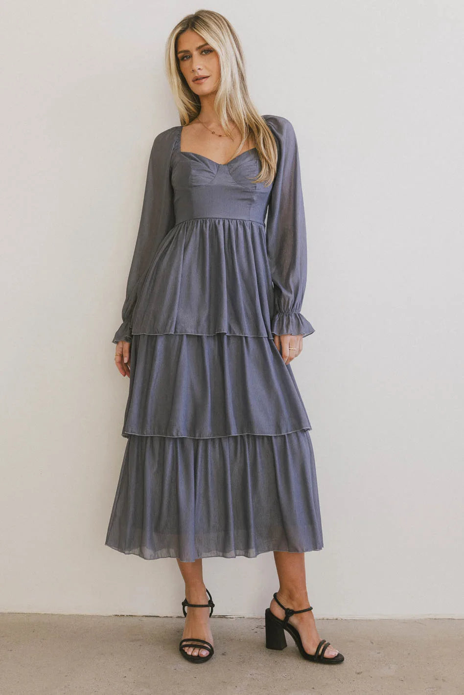 Elegant Slate Blue Shimmery Midi Dress for Women - Perfect for Evening Parties & Special Occasions