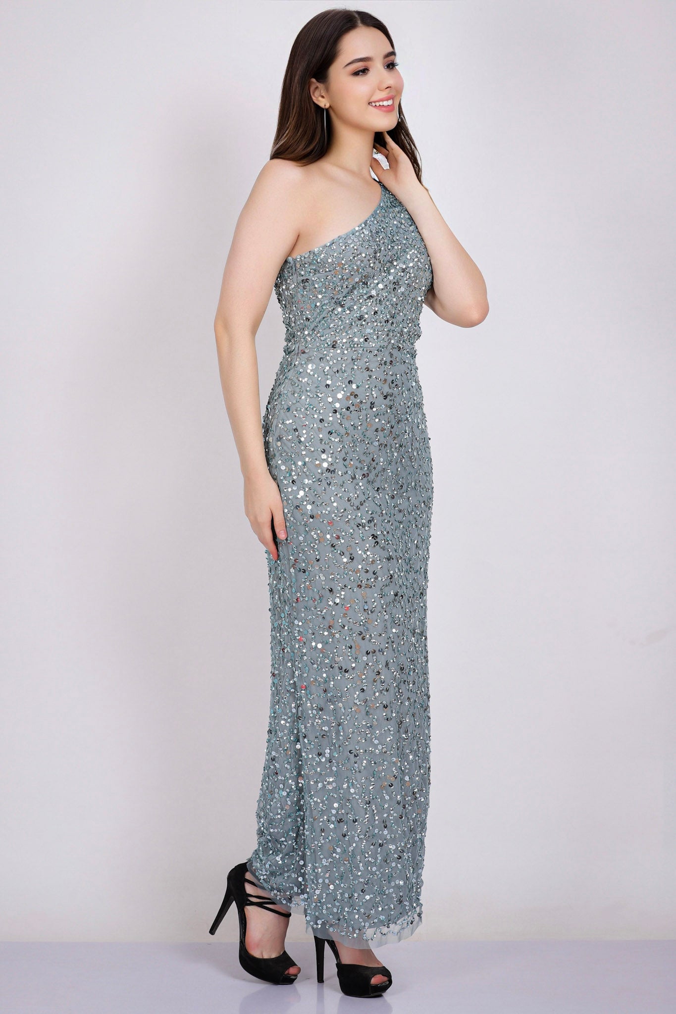 Elegant One Shoulder Sequin Dress in Teal | Naeve Women's Formal Gown for Evening Parties, Prom & Special Occasions