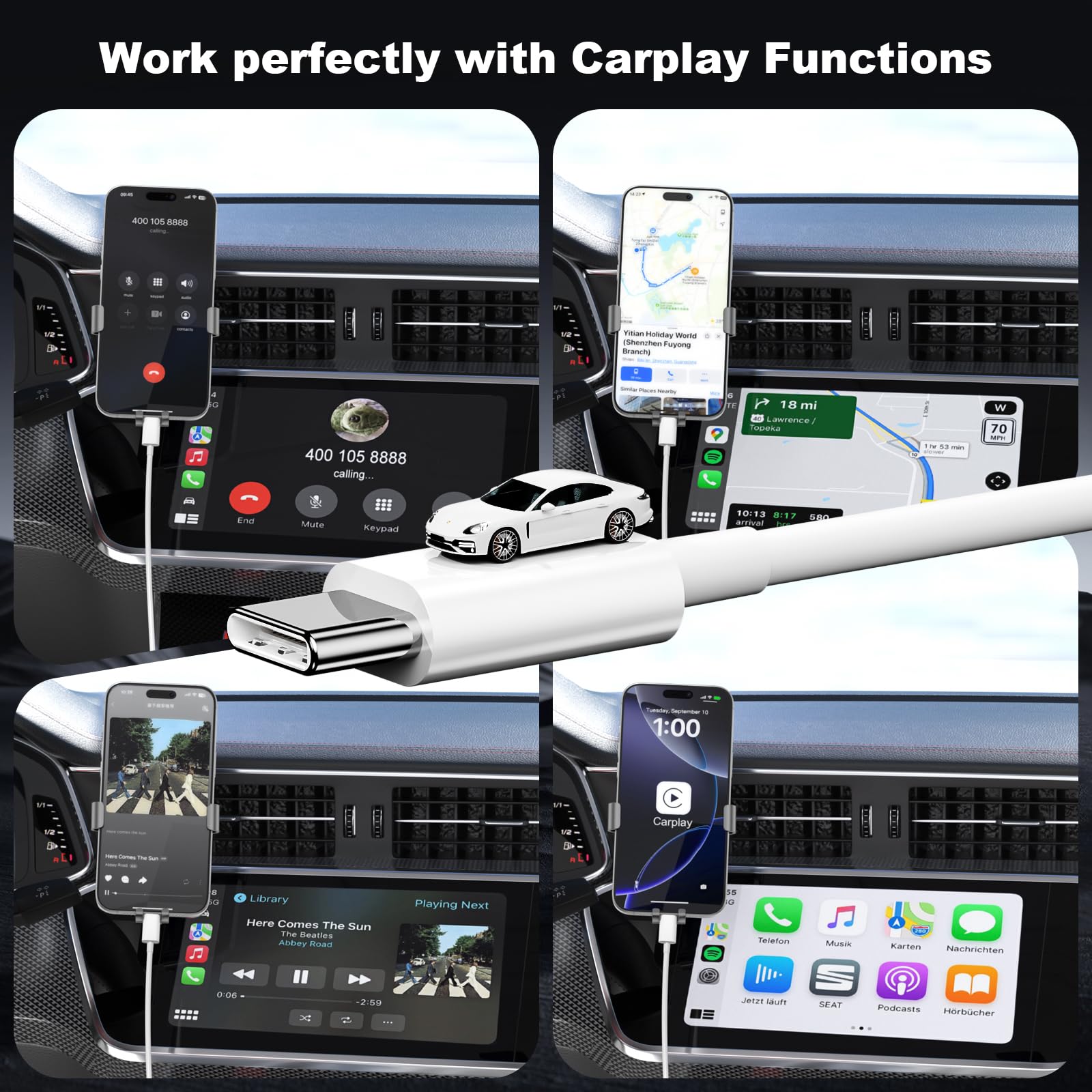 Apple CarPlay USB A to USB C Cable for iPhone 16/15/Pro/Pro Max/Plus & iPad Pro/Air/Mini - 2 Pack 3FT Fast Charging Cord (White) - Perfect for Car Charging, Road Trips & Seamless iOS Connectivity