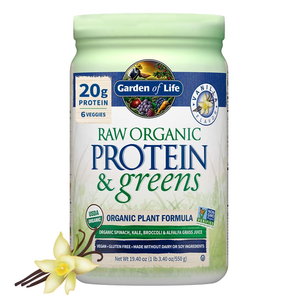 Garden of Life Raw Organic Protein & Greens - Vanilla Flavor Vegan Plant-Based Protein Powder with Pea Protein, Greens & Probiotics for Women & Men - Dairy Free, Gluten Free, Low Carb Shake (20 Servings) - Perfect for Post-Workout Recovery & Healthy Meal Replacement