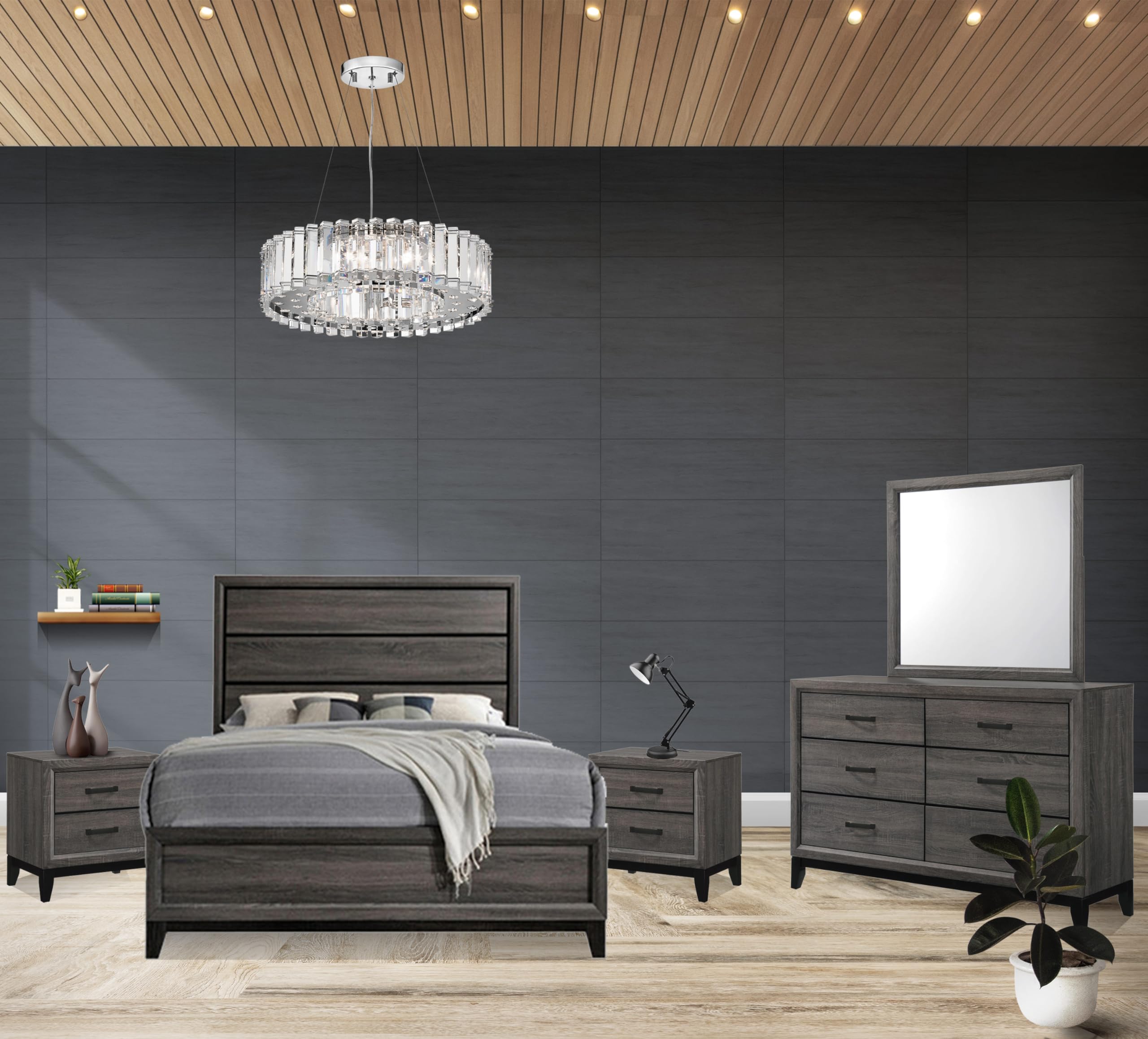 Kings Brand Furniture – Ambroise 5-Piece King Size Bedroom Set in Grey/Black - Bed, Dresser, Mirror & 2 Nightstands - Perfect for Master Bedroom, Guest Room & Modern Home Decor
