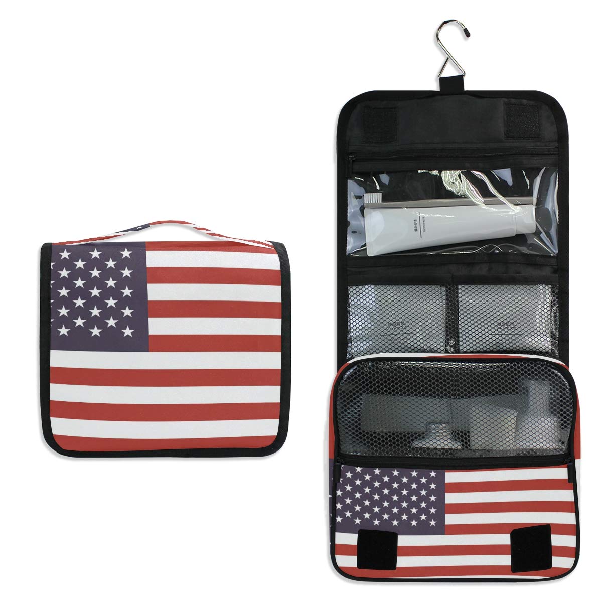 MOYYO American Flag Travel Hanging Toiletry Bag - Large Capacity Waterproof Cosmetic Organizer Pouch for Women, Men & Girls | Perfect for Camping, Gym, Business Trips & Vacation Essentials