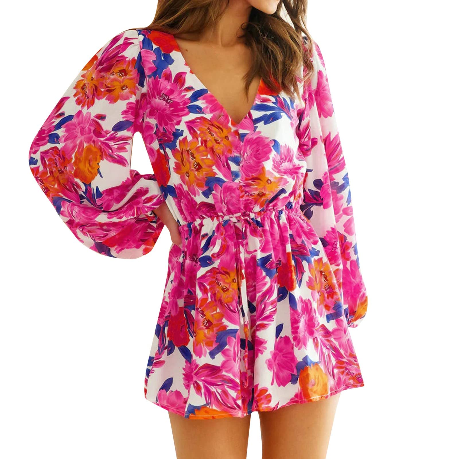 Women's Floral Print Mini Dress - Deep V Neck Ruffle Long Sleeve Summer Beach Dress for Spring & Summer | Perfect for Beach Vacations, Date Nights & Outdoor Parties