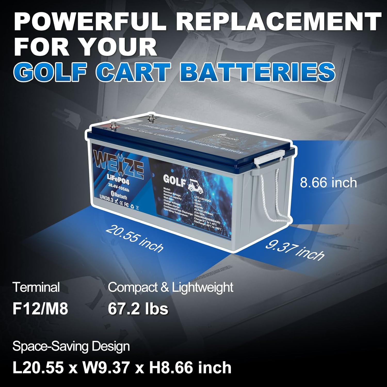 WEIZE 36V 105AH Bluetooth LiFePO4 Lithium Battery with Built-in 200A BMS | Low Temperature Protection & 400A/35S Peak Discharge | Deep Cycle Battery for Golf Carts, Trolling Motors, Solar Systems, RVs & Off-Grid Applications | Perfect for Marine, Camping & Emergency Power Backup