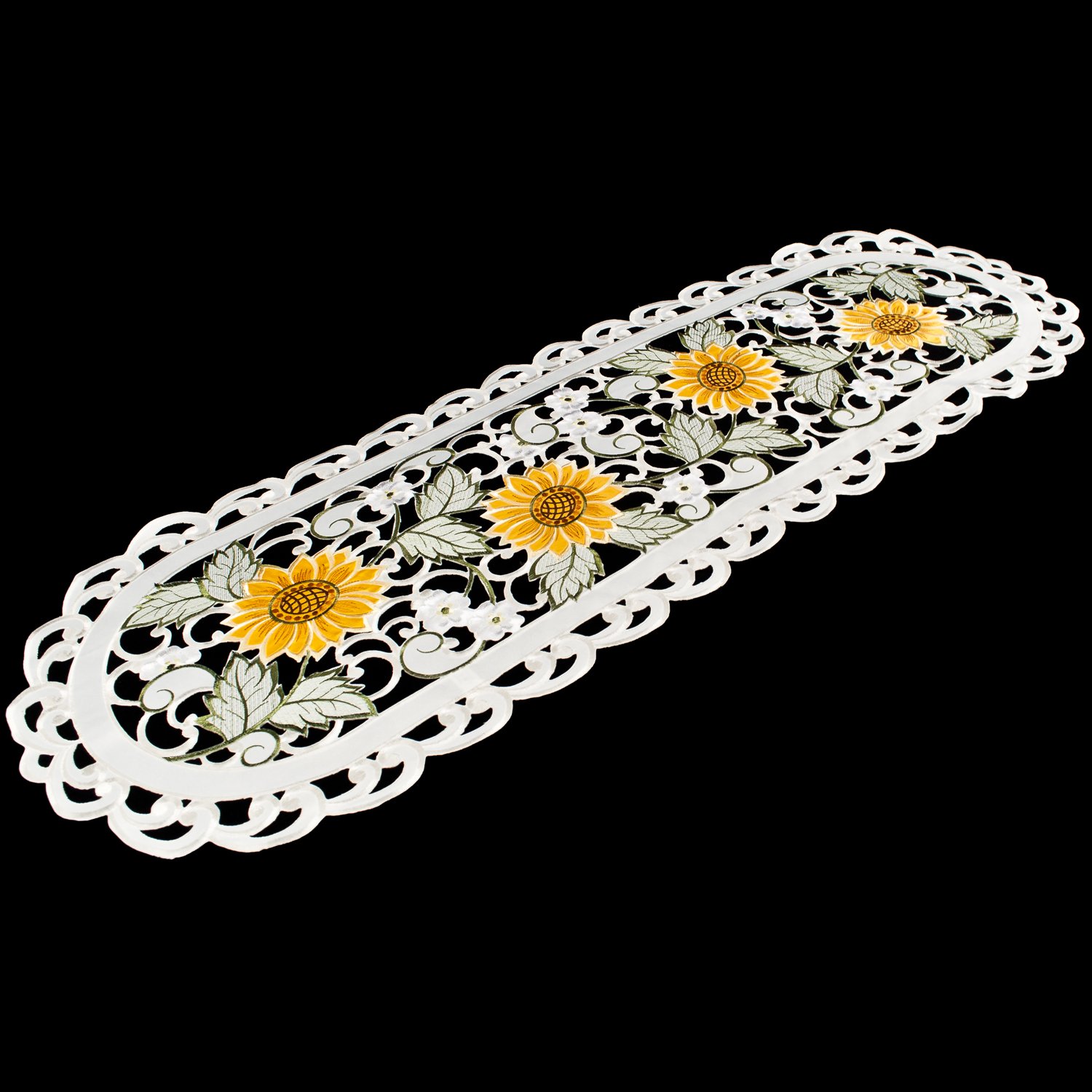 Embroidered Open Weave Sunflower & White Daisy Ivory Table Runner (16x54 inches) - Elegant Dresser Scarf for Dining Table Decor, Wedding Centerpiece & Farmhouse Style Home Decor