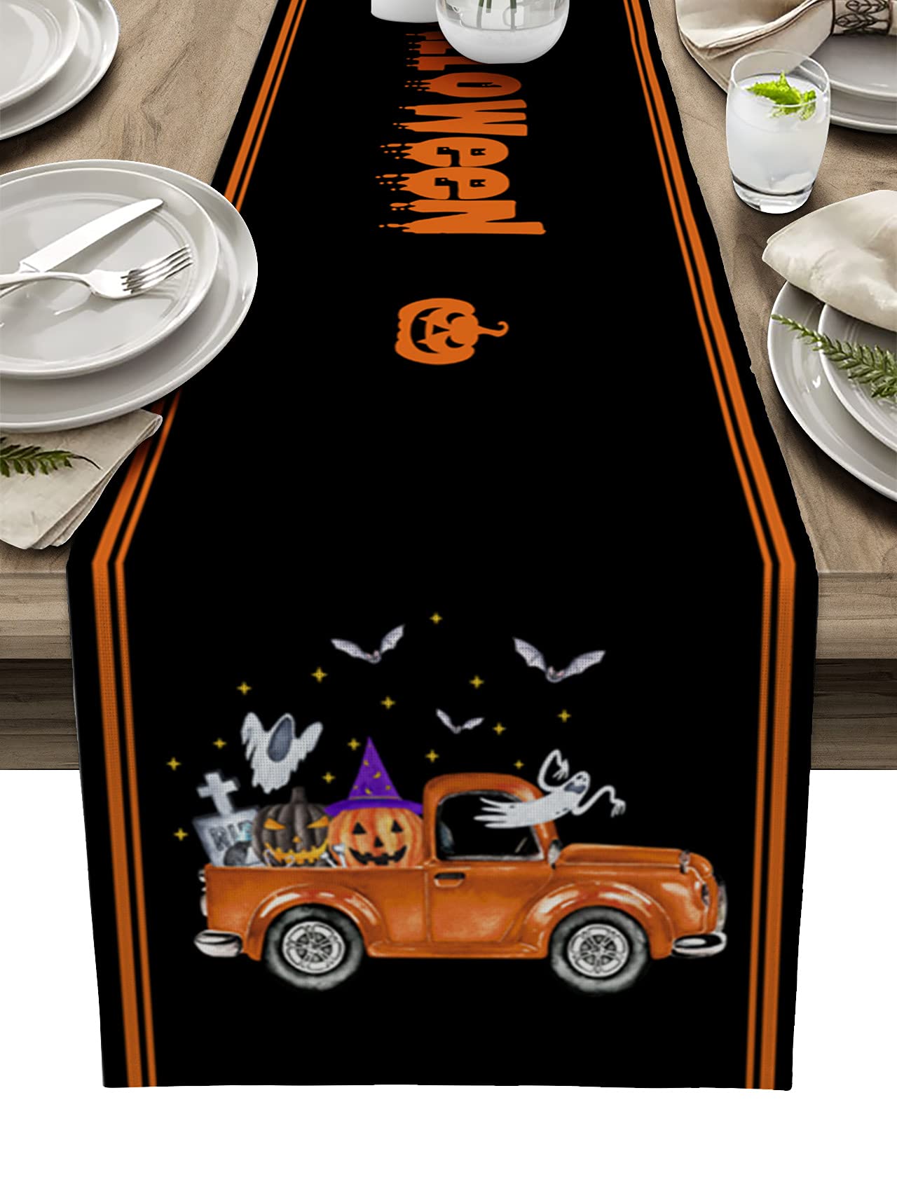72 Inch Halloween Table Runner - Orange Truck with Witch Hat, Pumpkin, Ghost & Bat Design - Perfect for Kitchen, Dining & Coffee Tables - Indoor & Outdoor Party Decor (14x72 Inches) - Ideal for Halloween Parties, Home Decor & Seasonal Celebrations