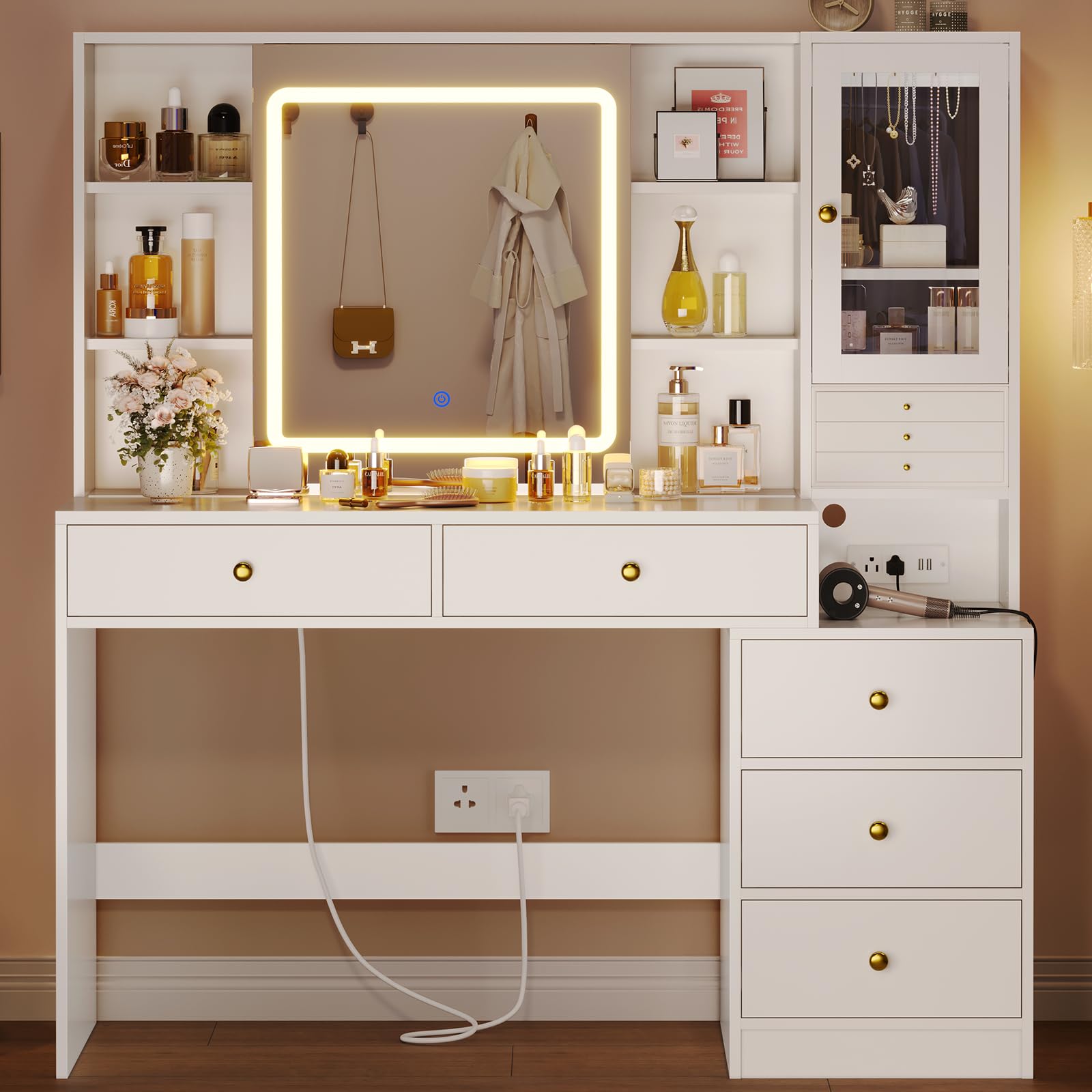 Modern White Makeup Vanity with LED Lights & Sliding Mirror - Vanity Desk with Jewelry Organizer, Glass Cabinet & 5 Drawers - Perfect for Bedroom, Dressing Room & Beauty Salon
