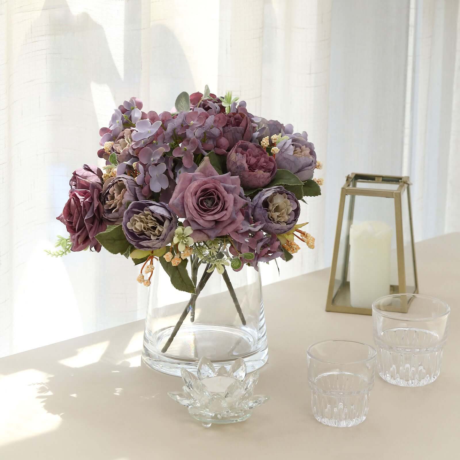 2 Pack Artificial Rose & Peony Silk Flower Arrangements - 12 Purple Faux Floral Bouquets for Wedding Centerpieces, Home Decor, Table Decorations, Party & Event Decor