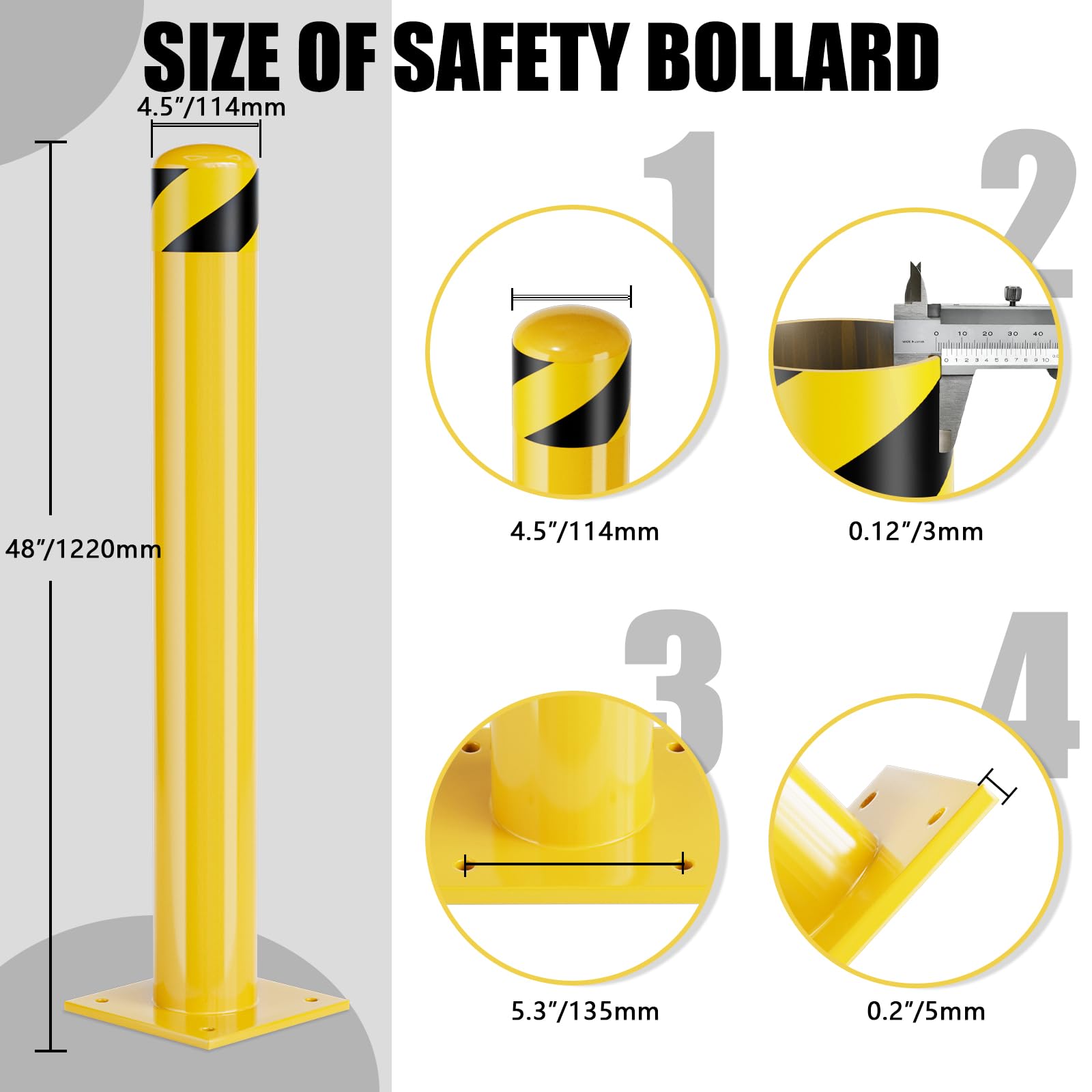 48-Inch Steel Safety Bollards (2-Pack) - Yellow Powder Coated Parking Barrier Posts for High Traffic Areas | Durable Outdoor Protection for Warehouses, Parking Lots & Driveways