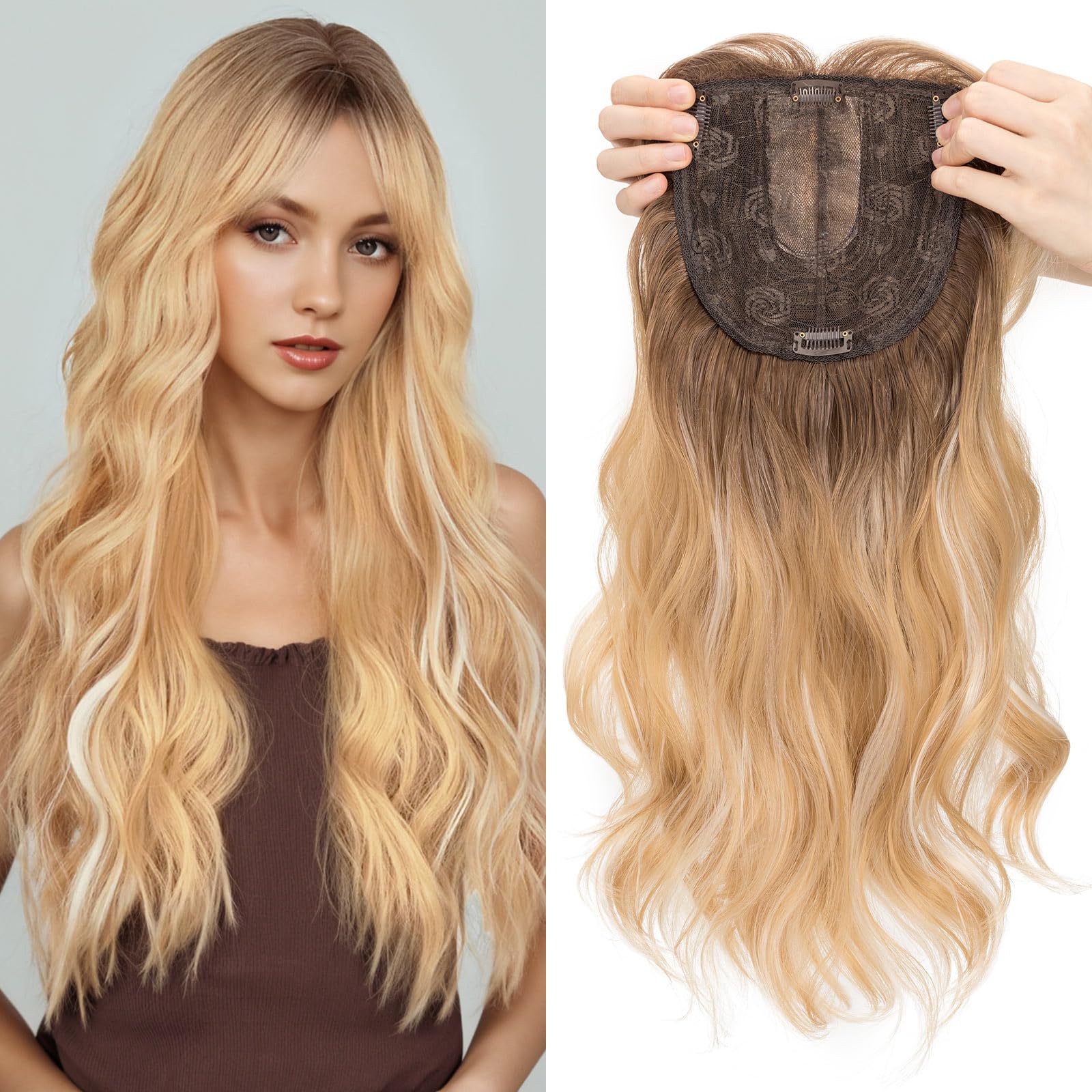 18 Inch Synthetic Hair Topper with Bangs - Natural Looking Hairpiece for Thinning Hair - Perfect for Daily Wear, Cosplay & Special Occasions