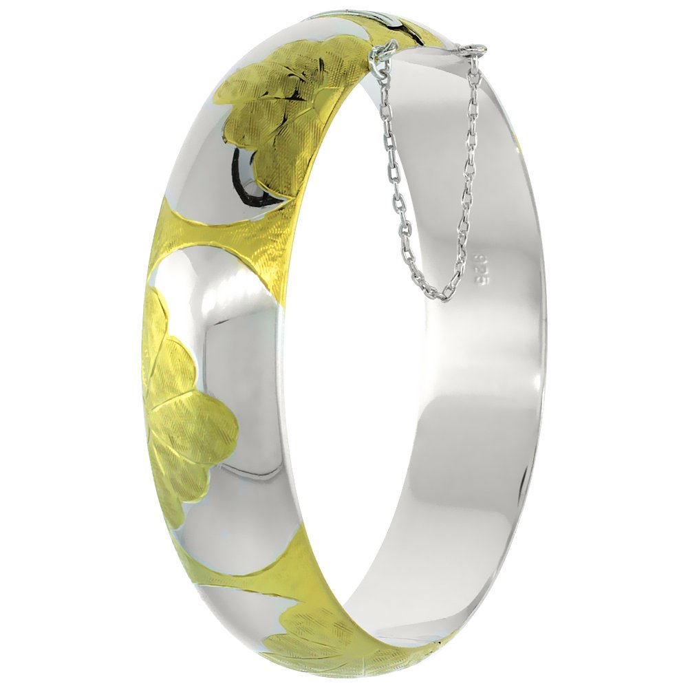 Sterling Silver Floral Engraved Bangle Bracelet - 1/2 Inch Wide 2-Tone Jewelry for Women, Perfect for Weddings, Parties & Everyday Wear