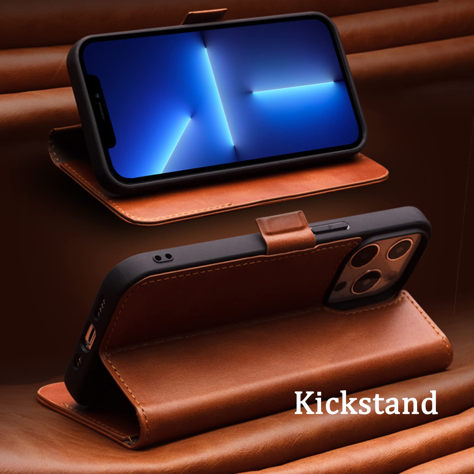 Genuine Leather Wallet Case for iPhone 13 Pro Max/13 Pro/13/13 Mini - RFID Blocking Folio with Card Slots & Magnetic Closure, TPU Kickstand Book Style Flip Cover (Brown, 6.1