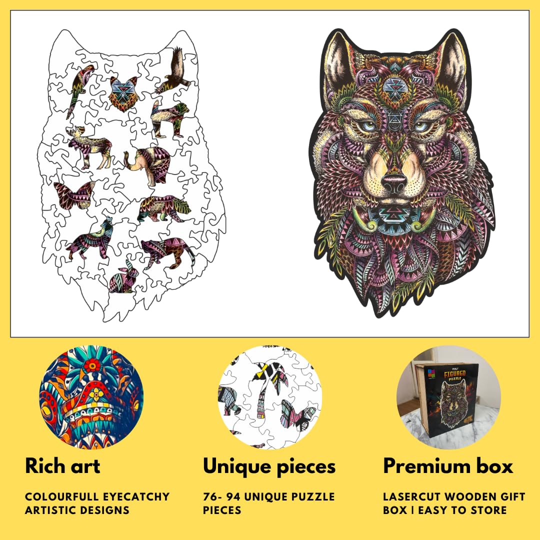 Premium Wooden Animal Puzzle for Kids & Adults - 9 Unique Artistic Designs with Wolf Figure Pieces | A4 Size Educational Toy for Family Game Night & Cognitive Development | Yole.toys® Wooden Figured Puzzle