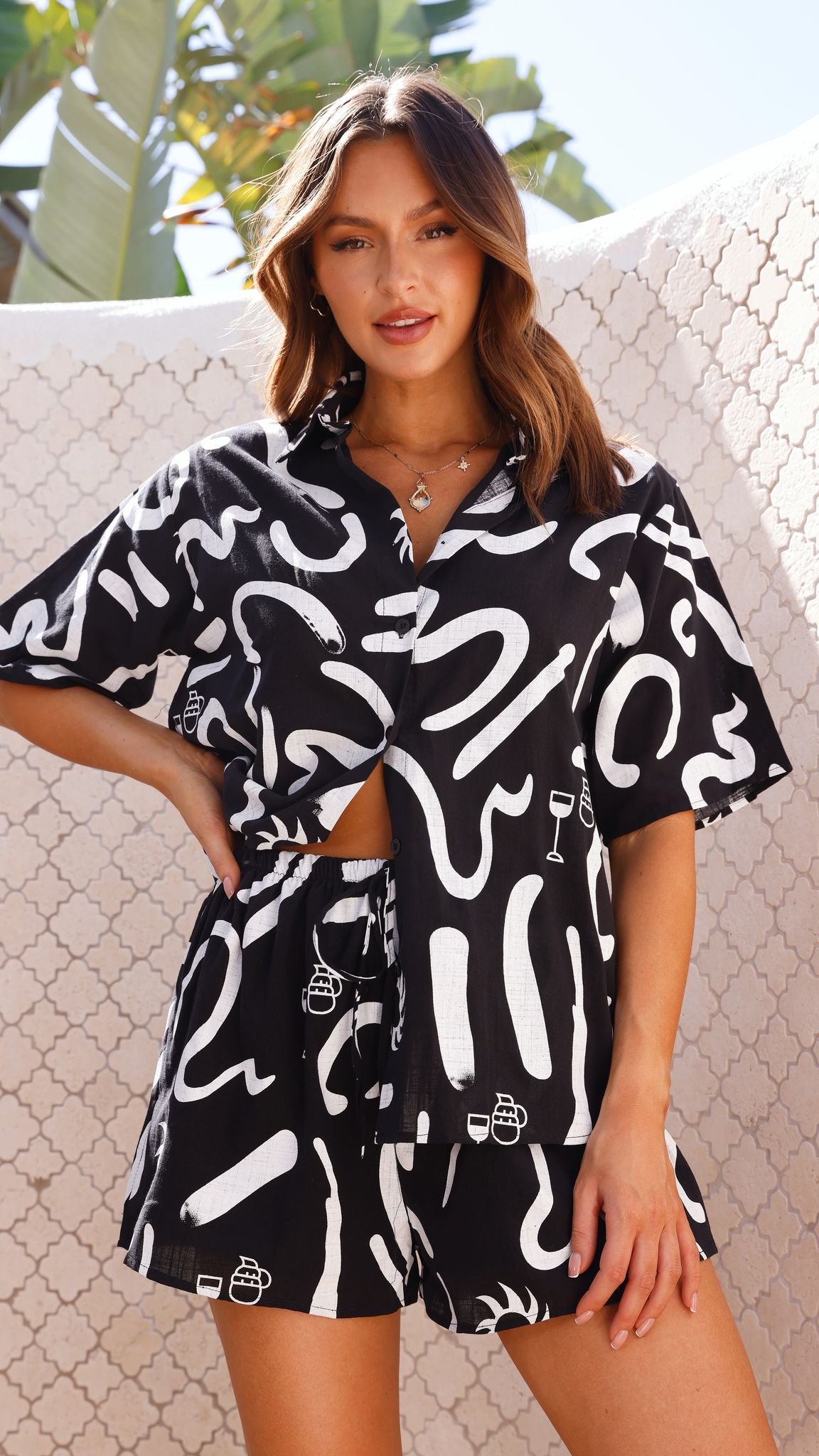 Charli Button Up Shirt and Shorts Set for Women - Black & White 2-Piece Outfit | Casual Summer Wear, Beach Cover Up, Vacation Outfit