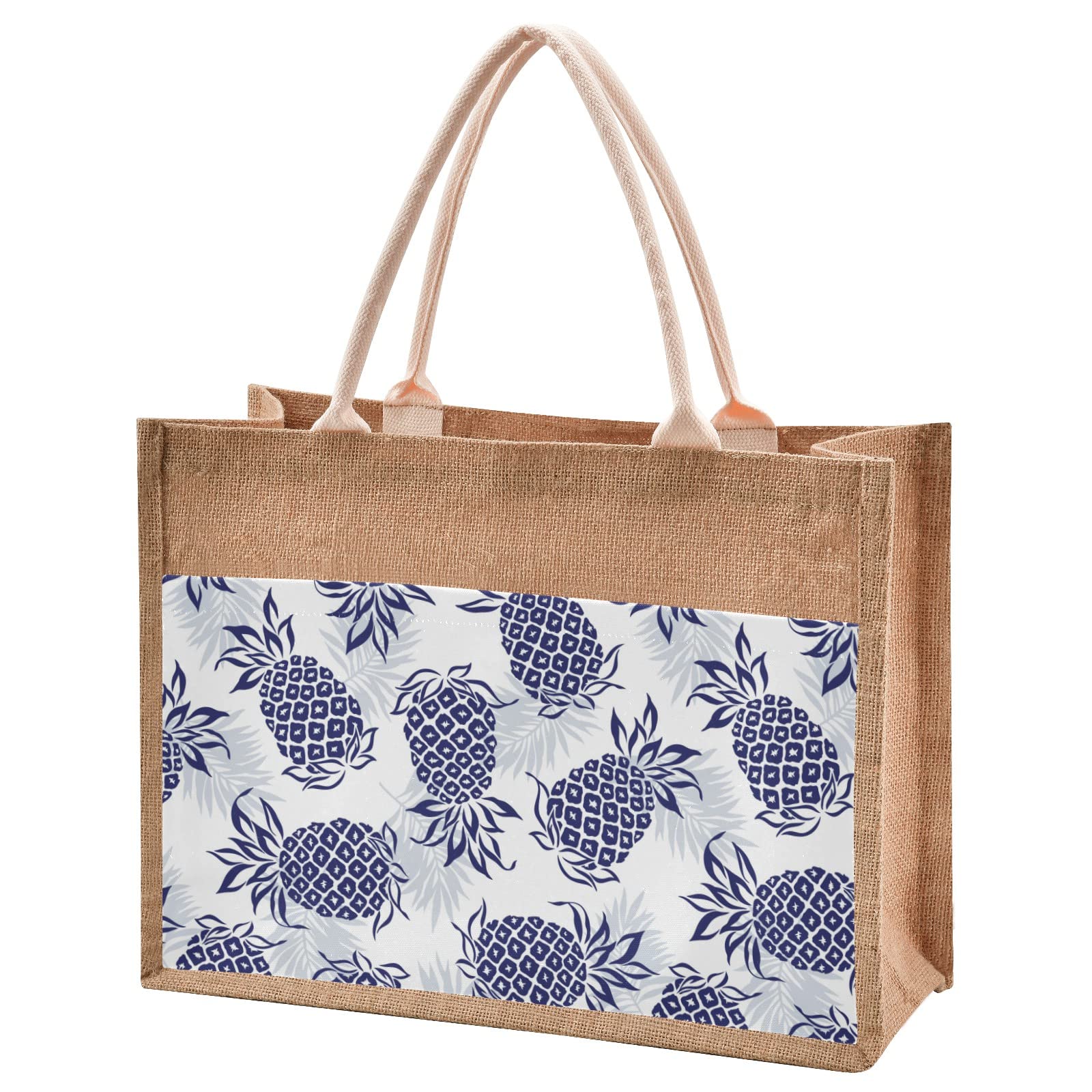 Eco-Friendly Navy Blue Pineapple Jute Tote Bag - Reusable Burlap Straw Beach Bag for Shopping, Groceries & Wedding Gifts | Perfect for Beach Outings, Farmers Market & Summer Accessories