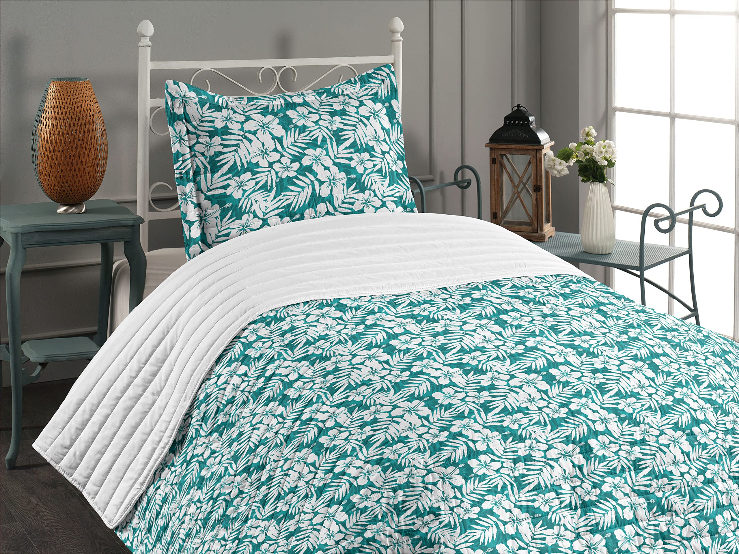Lunarable Leaf Microfiber Bedspread Set - Abstract Hawaiian Hibiscus Flowers & Banana Palm Leaves Print - Soft Twin Size Bedding with Pillow Sham & Comforter in Petrol Blue/White - Perfect for Tropical Bedroom Decor & Vacation Home Styling