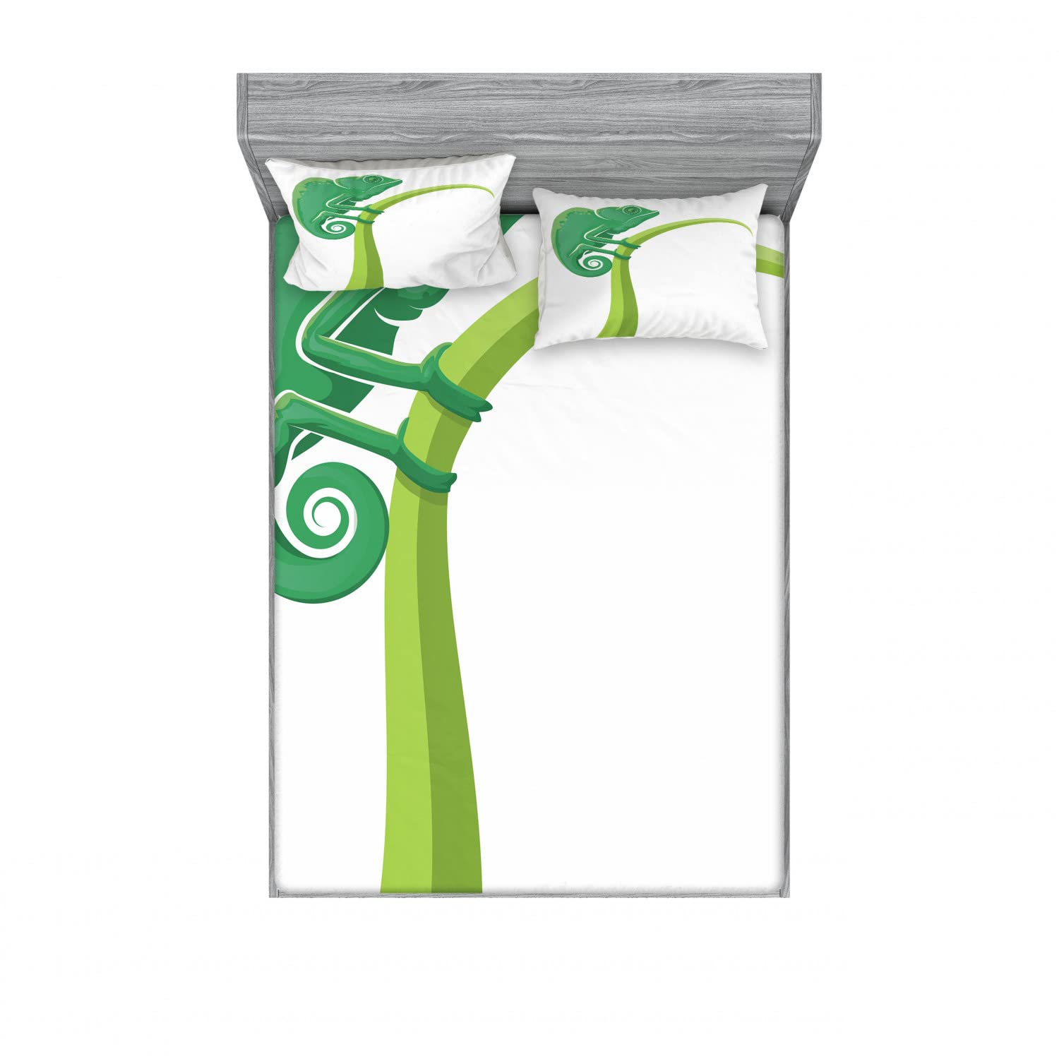 Ambesonne 2-Pack Fitted Sheet & Pillow Sham Set - Exotic Grumpy Lizard Design, 4-Piece Bedding Decor (2 Twin XL Fitted Sheets & 4 Pillow Covers), Green & White - Perfect for Kids' Rooms, Dorm Decor, and Themed Bedroom Makeovers