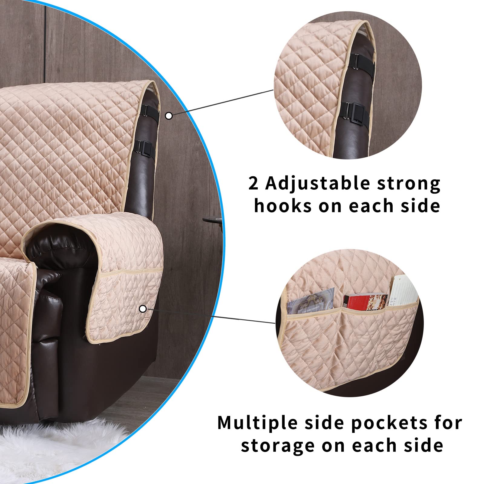 Premium Velvet Recliner Covers - Non-Slip Waterproof Large Recliner Chair Protectors for Leather Chairs | Reversible Sofa Cover for Living Room Furniture | Pet-Friendly Beige 23