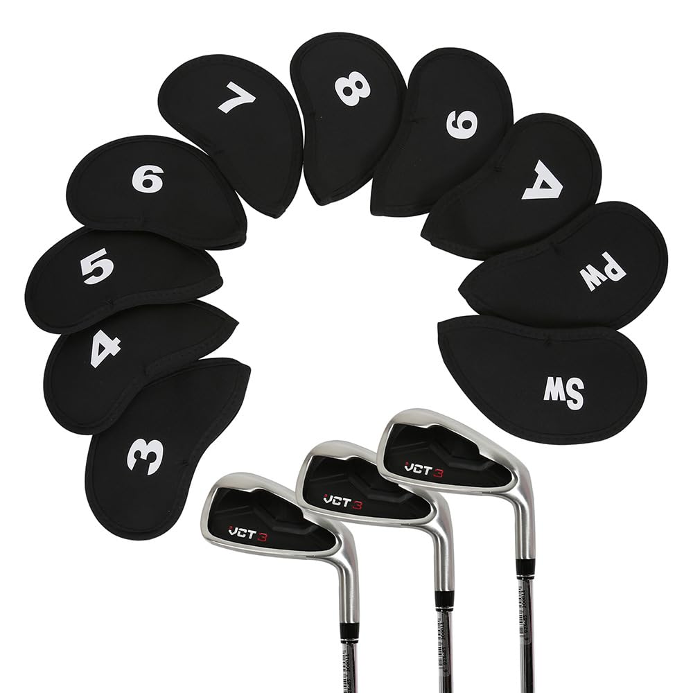 Premium 10-Piece Golf Club Head Covers Set - Neoprene Iron & Putter Protectors for Men & Women (Black) - Durable Golf Accessories for Driving Range & Course Play
