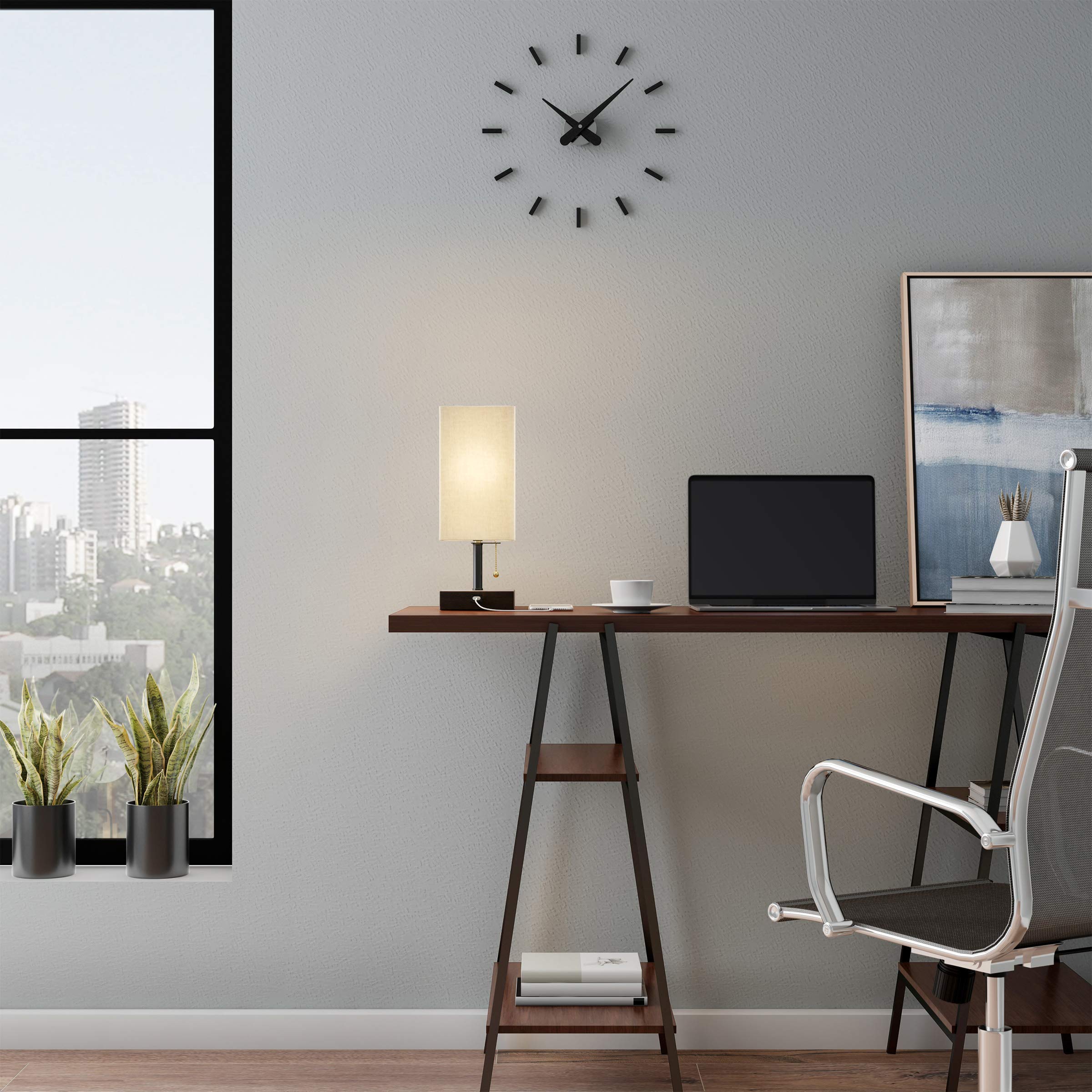 Modern USB Rectangle Desk Lamp with Wood Base - Energy Efficient LED Light for Home Office, Bedroom & Living Room - Stylish Task Lighting for Reading, Working & Relaxing