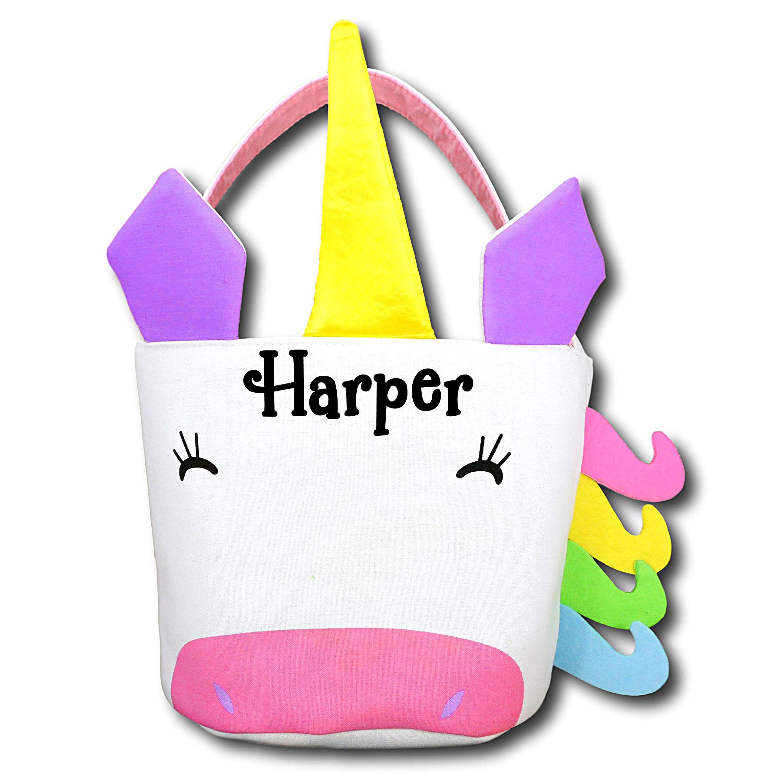 Personalized Unicorn Easter Basket with Custom Name - Easter Egg Hunt Party Supplies, Birthday Gift Bag, Baby Shower Decoration for Kids & Toddlers (Great for Spring Celebrations & Holiday Decor)