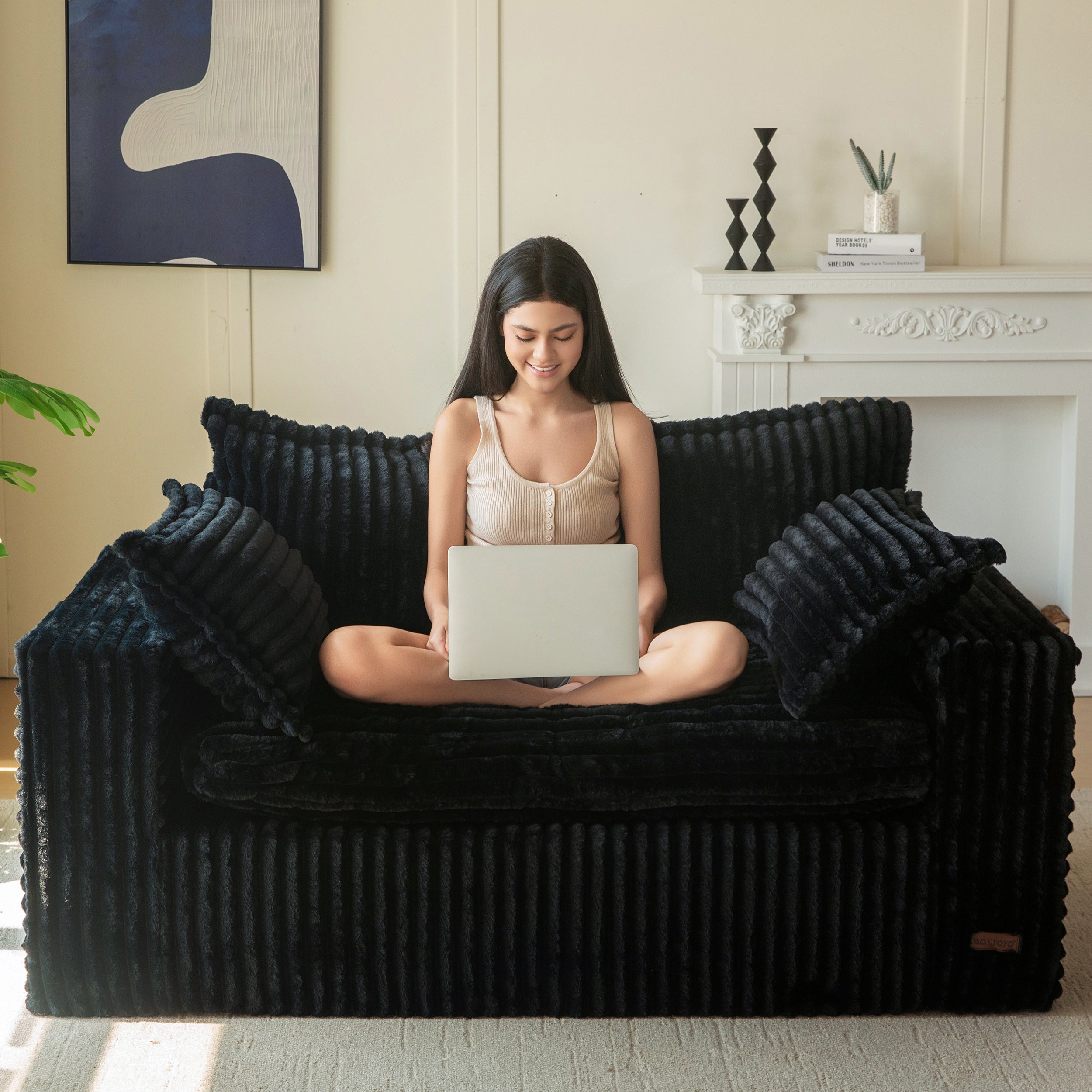 Comfy Maxyoyo Bean Bag Chair - Soft Upholstered Loveseat Sofa with Deep Seating & Wide Armrests, No Assembly Boneless Couch in a Box for Living Room, Bedroom, Office & Apartment - Perfect for Relaxing, Gaming & Small Space Living (Black)