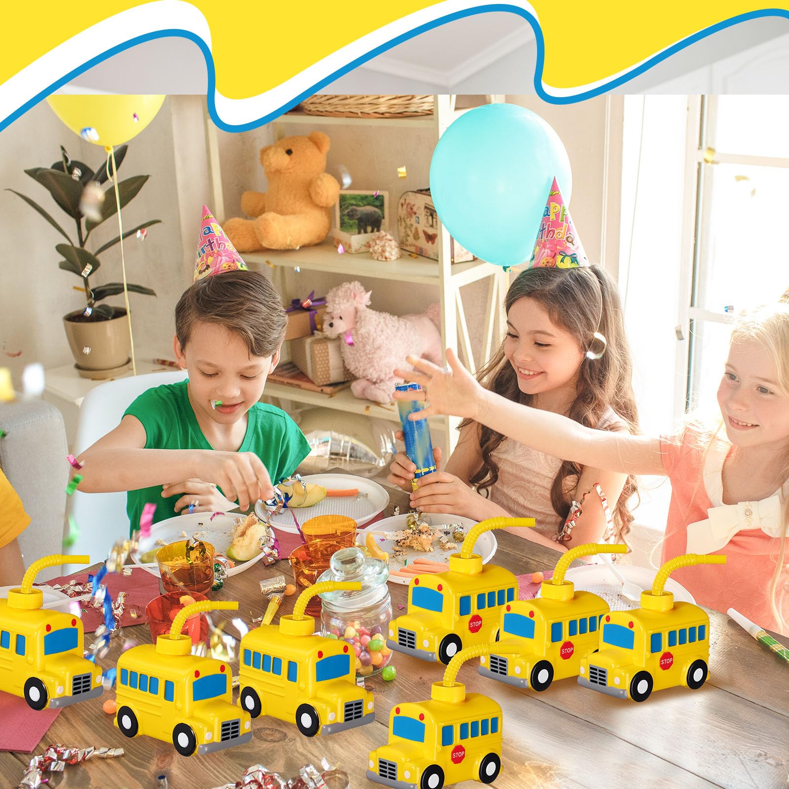 24-Pack Tanlade School Bus Shaped Plastic Cups with Straws - Reusable Party Favor Supplies for School Celebrations, First Day of School, Birthday Parties & Car Themed Events - Bulk Pack for Classroom Treats & Kids' Events