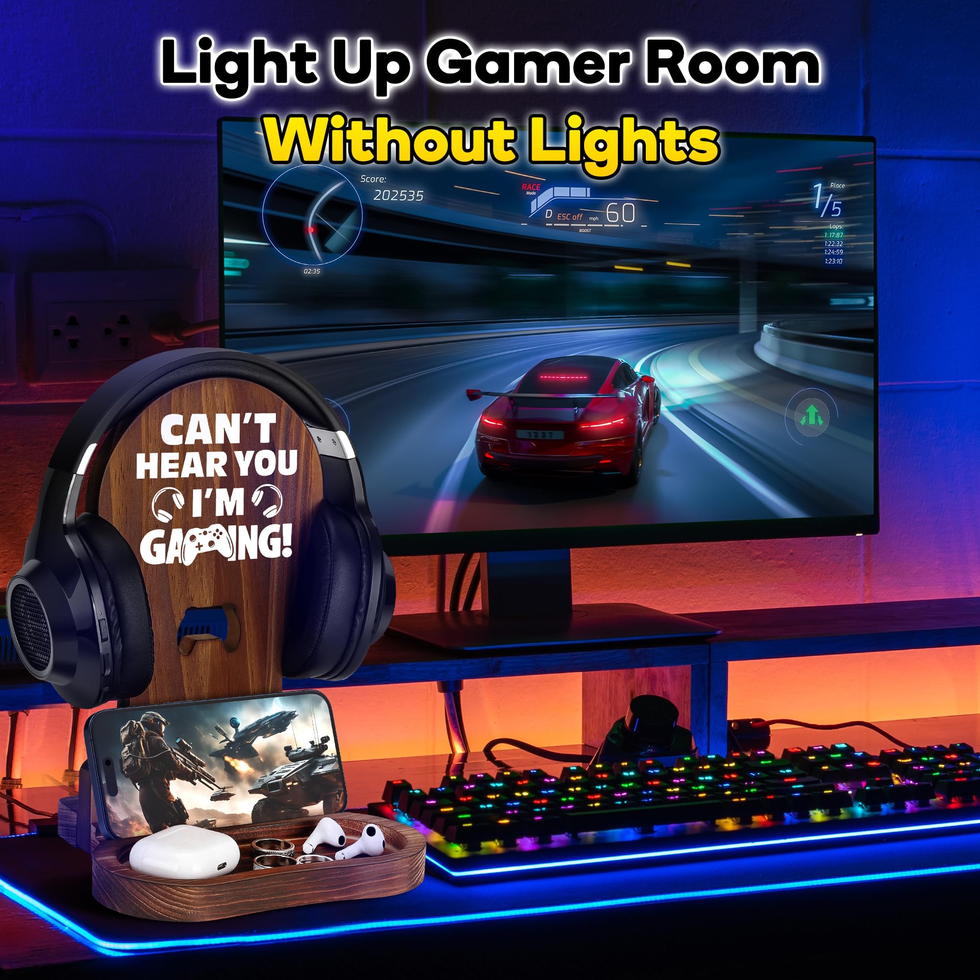 Premium Wooden Gaming Headset Stand - Unique Gamer Gifts for Men, Teen Boys, Husband & Boyfriend - Cool Gaming Room Decor & Accessories - Perfect for Gaming Setups, Streamer Battlestations & Esports Enthusiasts