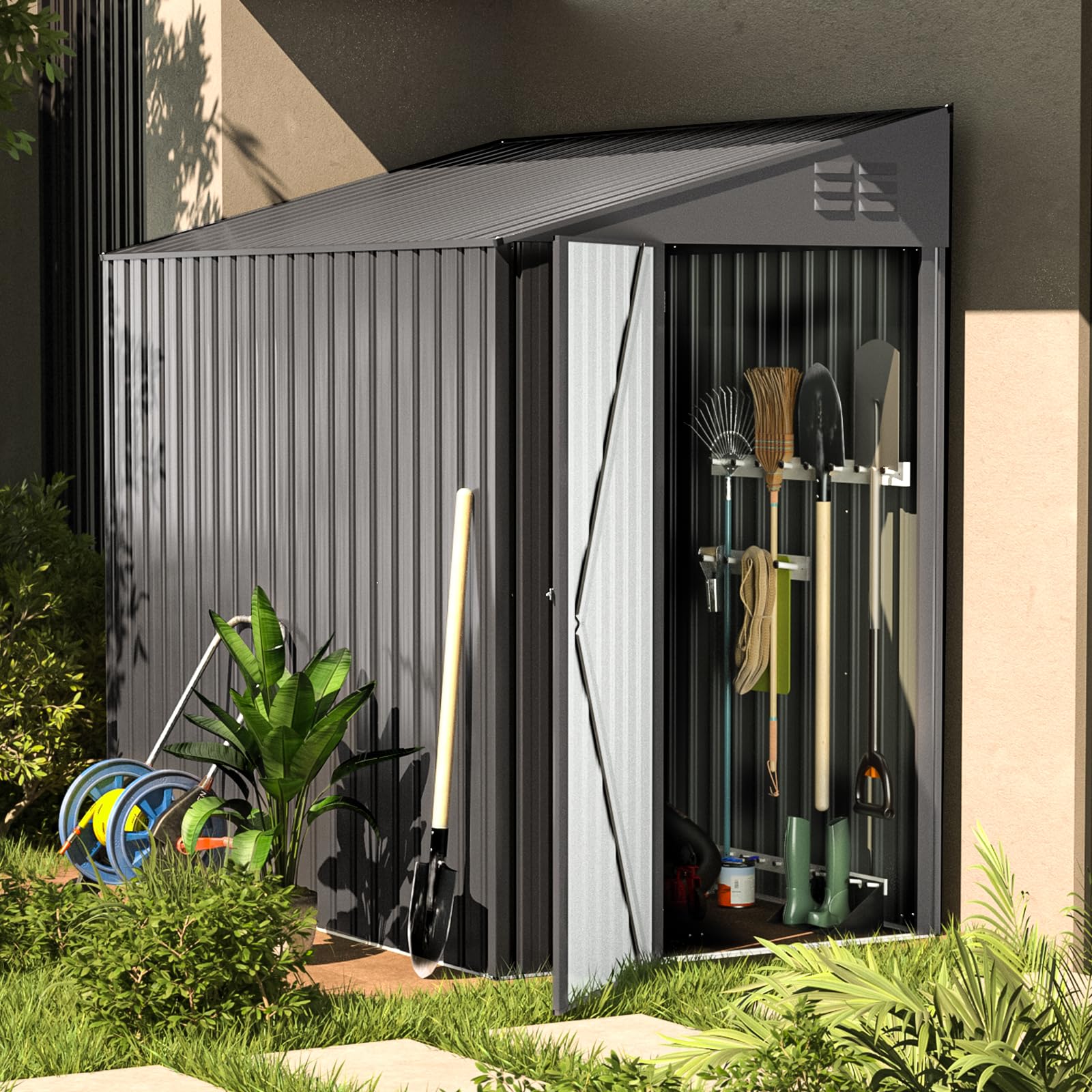 AECOJOY 4x7 Feet Metal Storage Shed - Outdoor Bike Shed, Garden Tool Organizer, Backyard Storage Solution in Dark Grey | Perfect for Patio, Garage & Yard Organization
