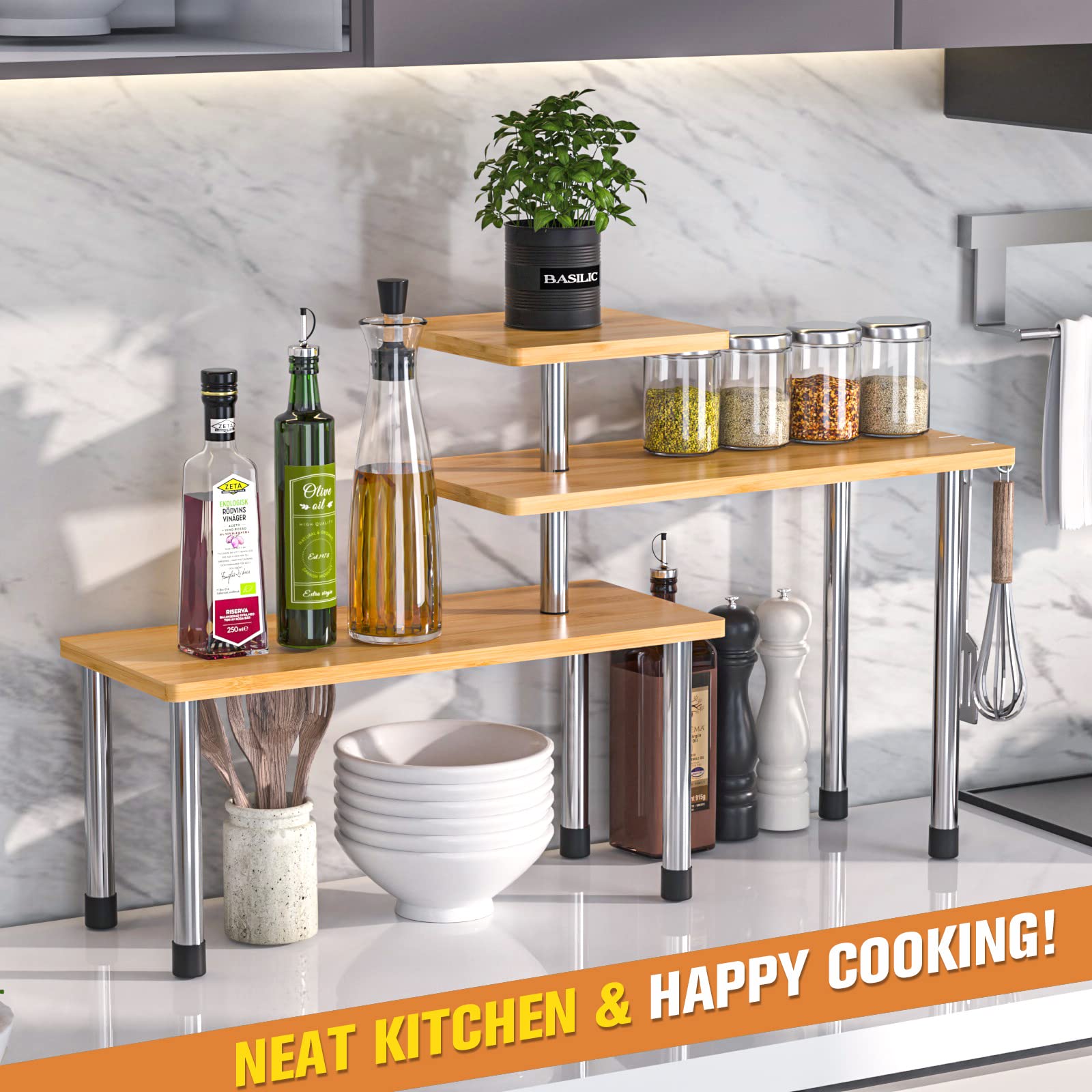 3-Tier Adjustable Bamboo Corner Shelf for Kitchen Countertop Organization - Spice Rack, Coffee Station & Bathroom Storage - Perfect for Small Spaces & Clutter-Free Home Decor (Natural Wood Finish)