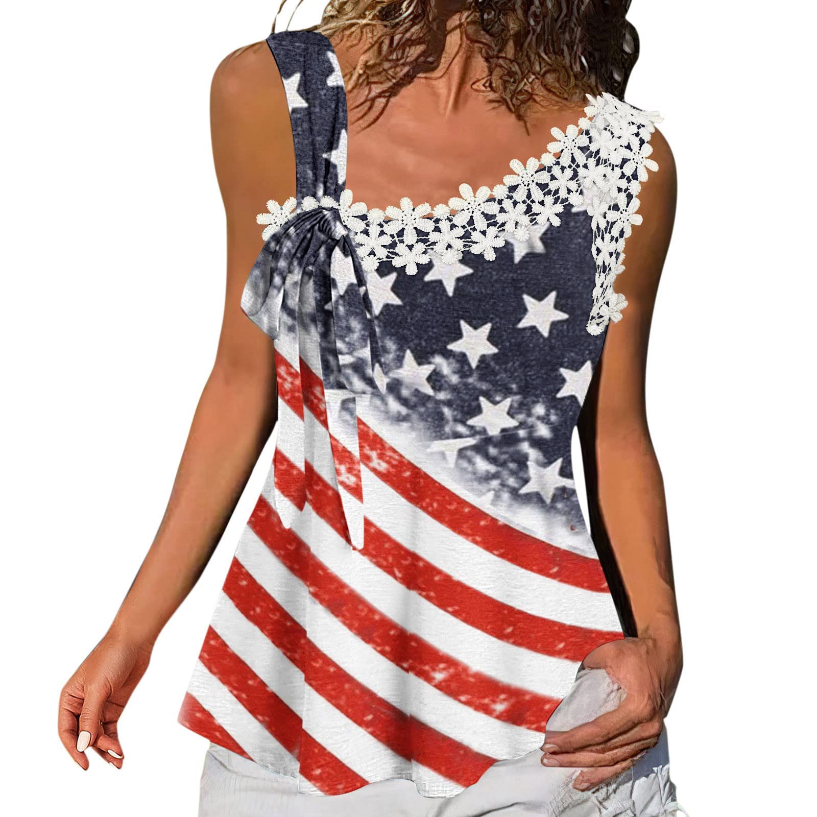 Women's American Flag Tank Tops - Trendy Lace Crochet Summer Sleeveless Blouses | Casual Tie-Up Bandage Shirts for Beach, BBQ & Patriotic Events