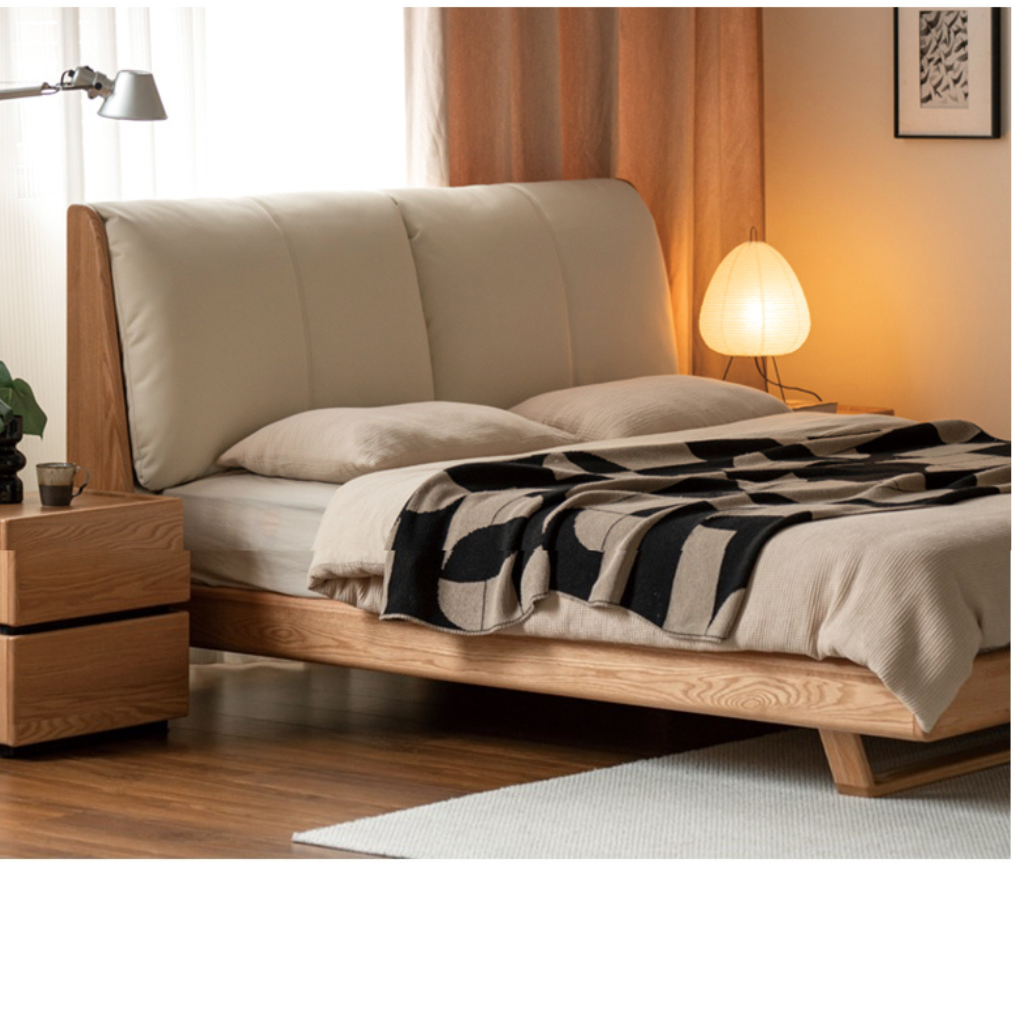 Italian Light Luxury Oak & Ash Solid Wood Leather Upholstered Suspended Bed - Elegant Master Bedroom Furniture for Modern Home Decor